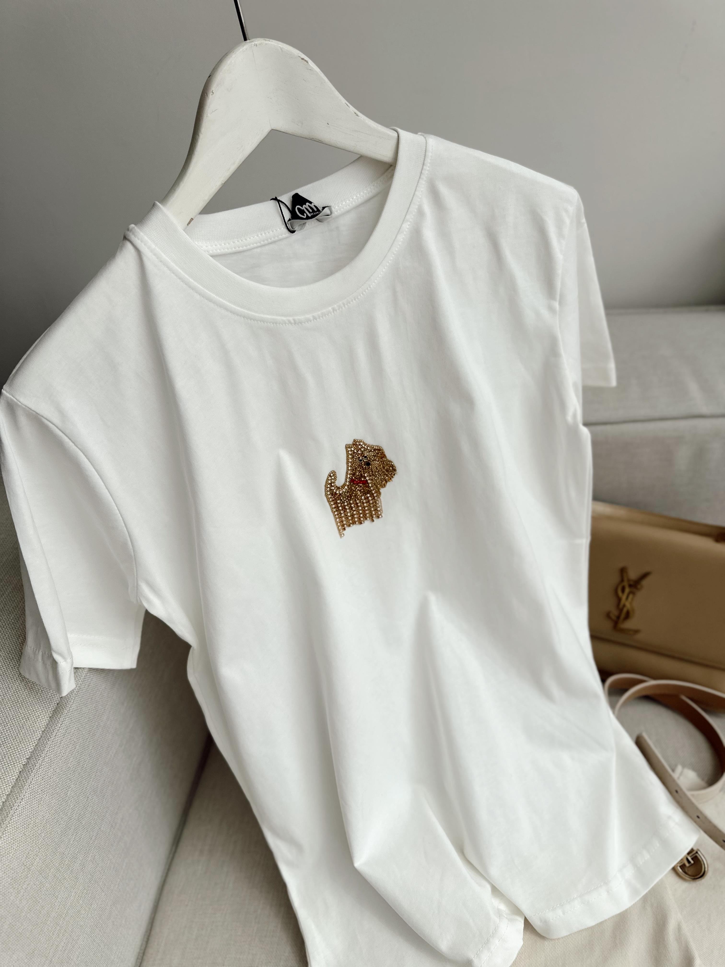 Beyaz Köpek Taş Detaylı Basic Tshirt