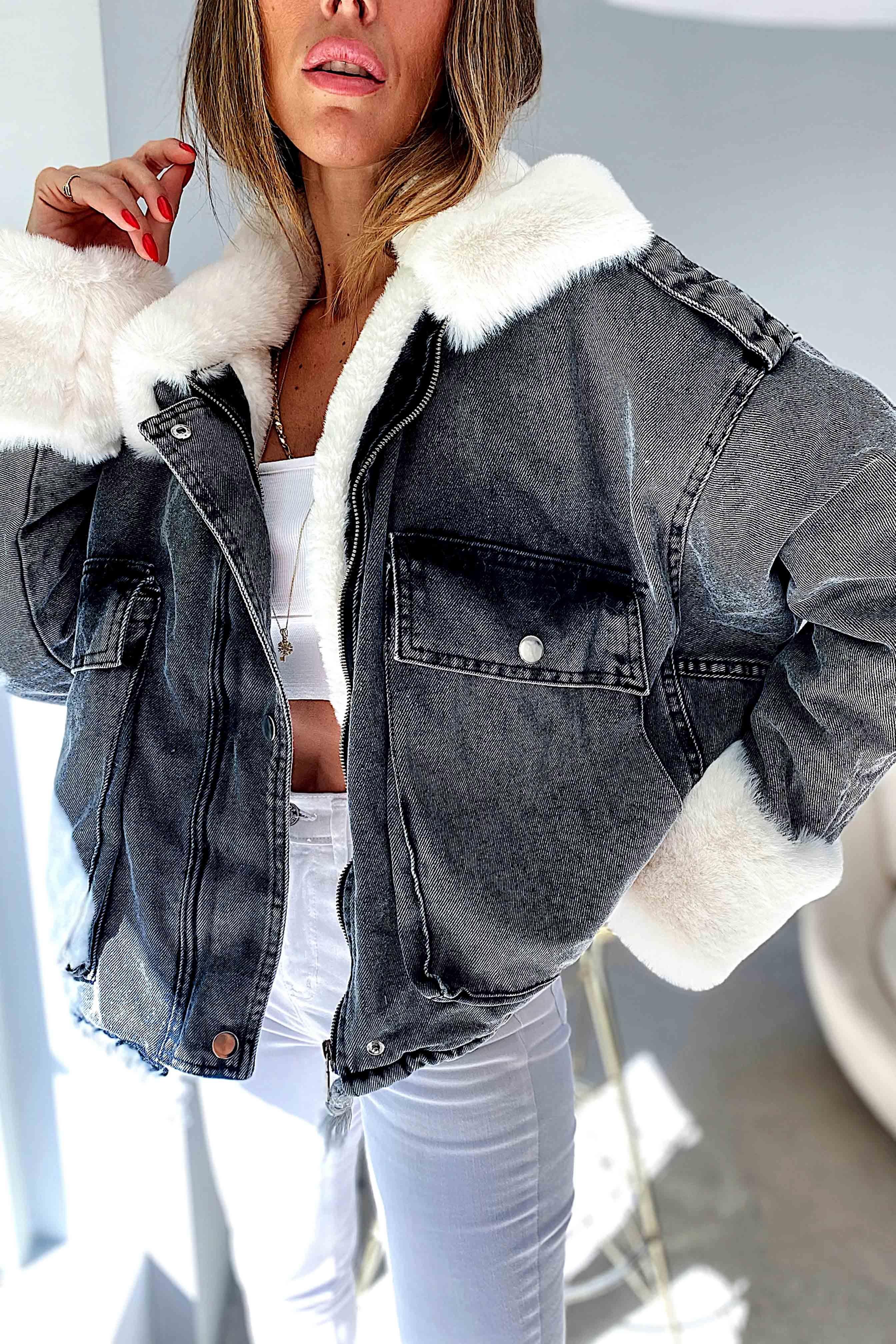 Beyaz Kürklü Denim Kadın Ceket Antrasit