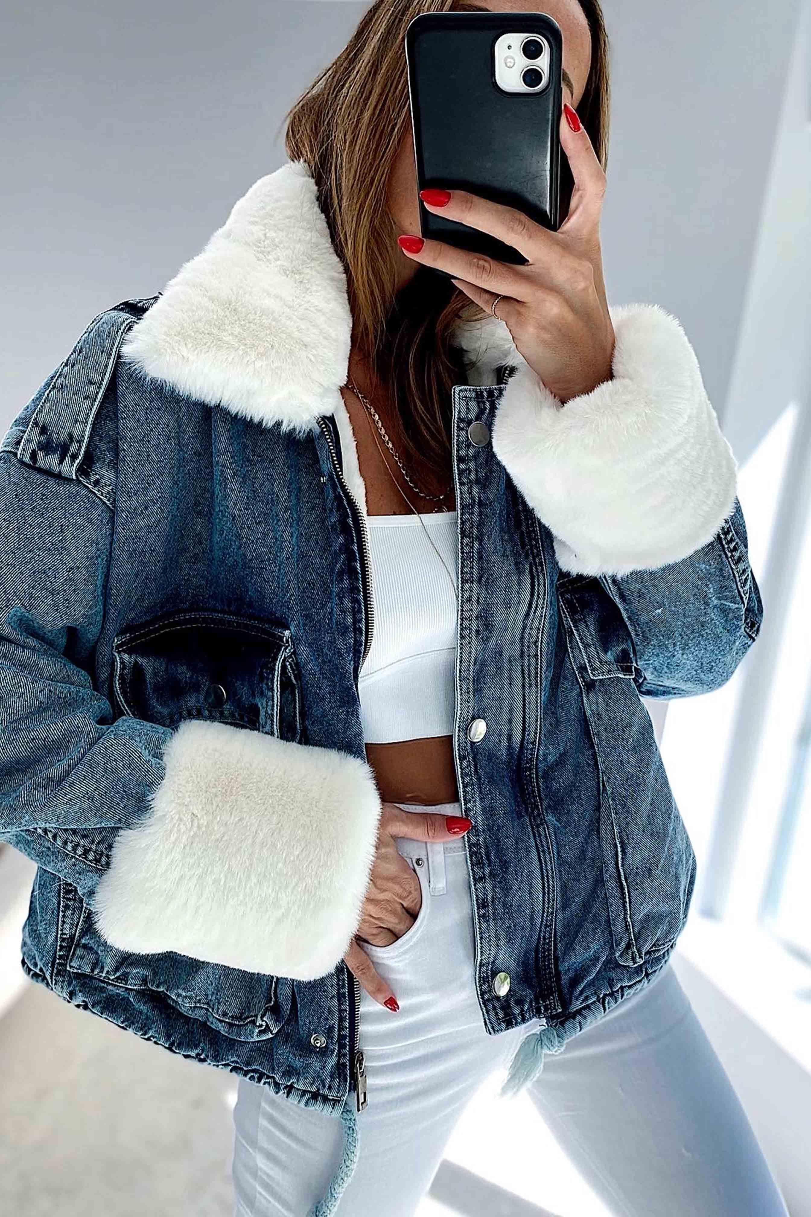 Beyaz Kürklü Denim Kadın Ceket Mavi