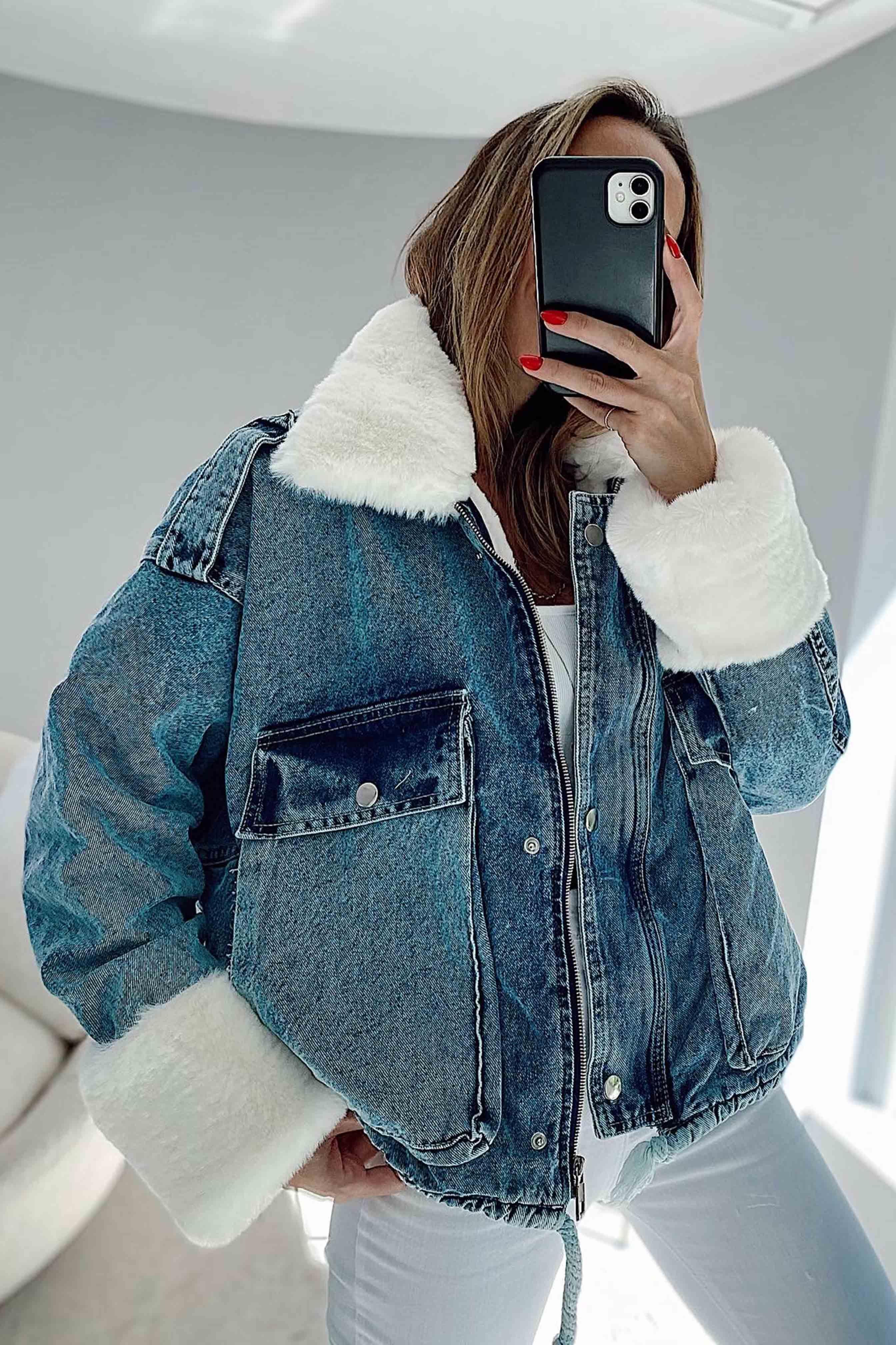 Beyaz Kürklü Denim Kadın Ceket Mavi
