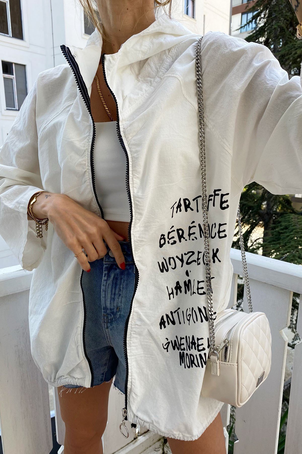 Beyaz Naturel Beautiful Day Yazı Figürlü Oversize Ceket