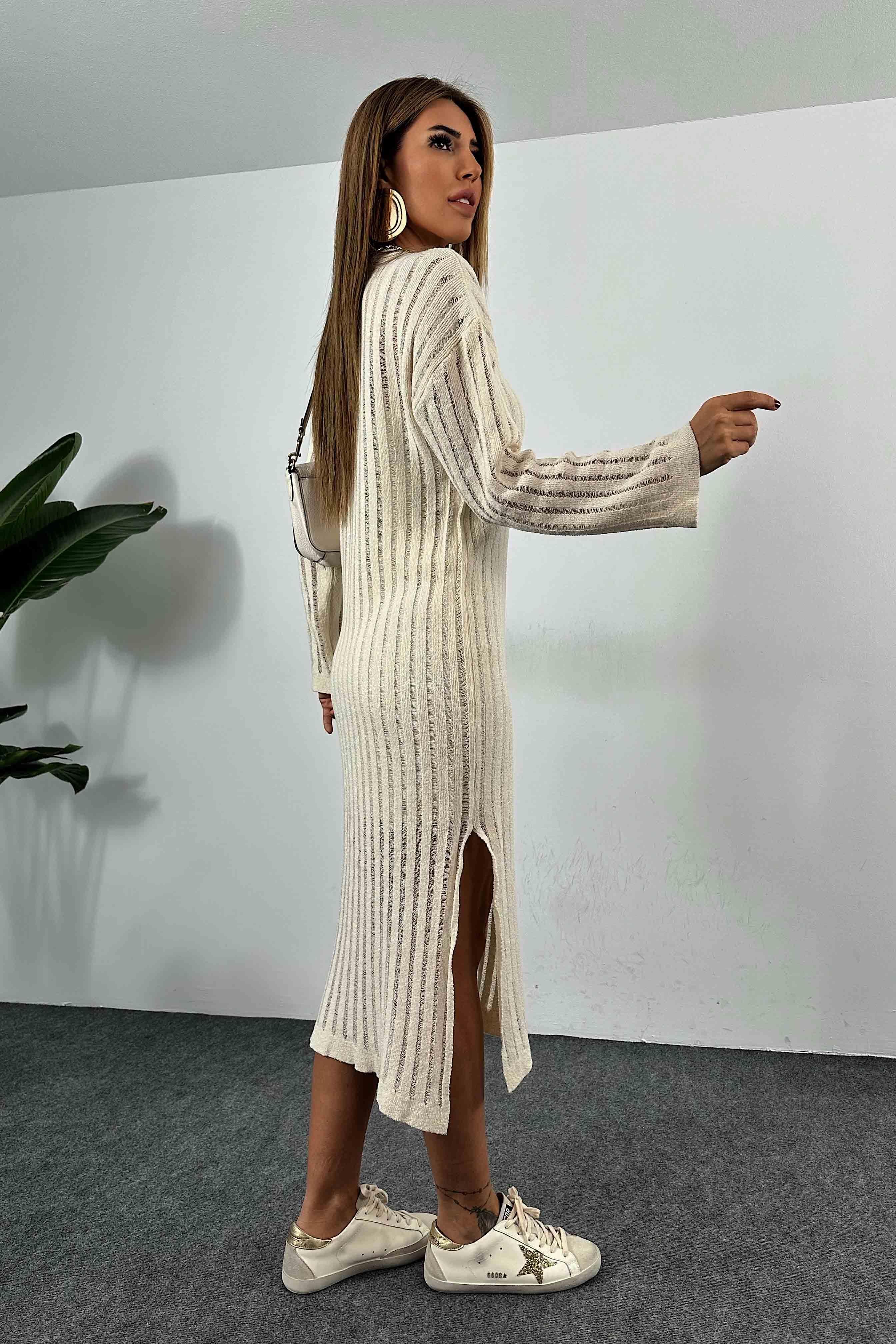 Bisiklet Yaka Ajur Detay Elbise Ekru