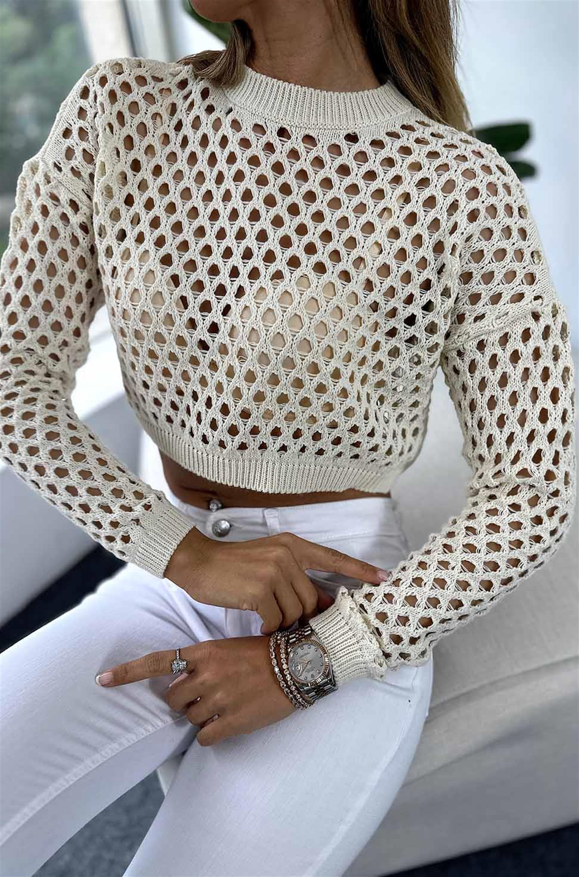 Bisiklet Yaka Ajurlu Crop Kazak Krem