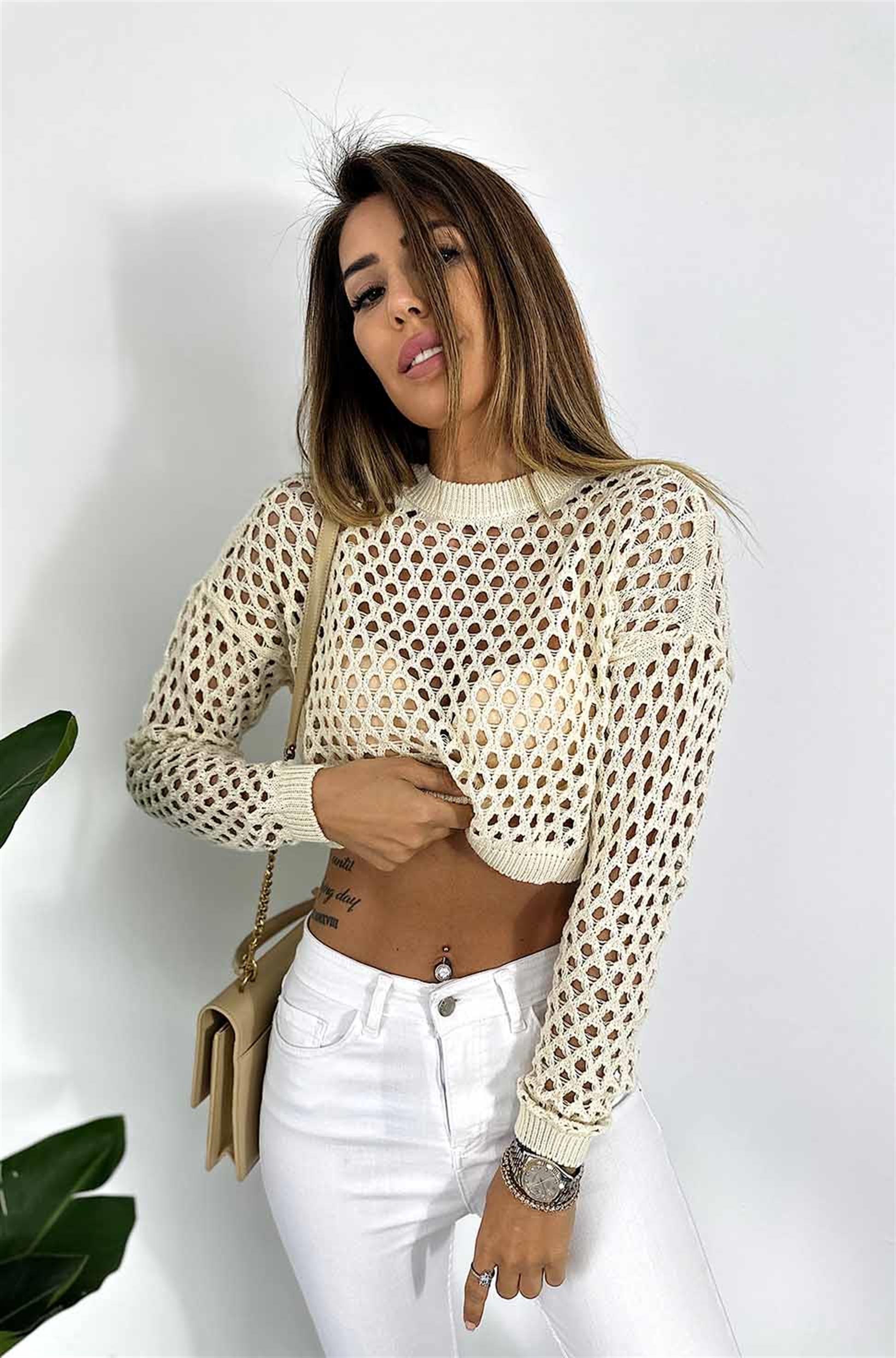 Bisiklet Yaka Ajurlu Crop Kazak Krem