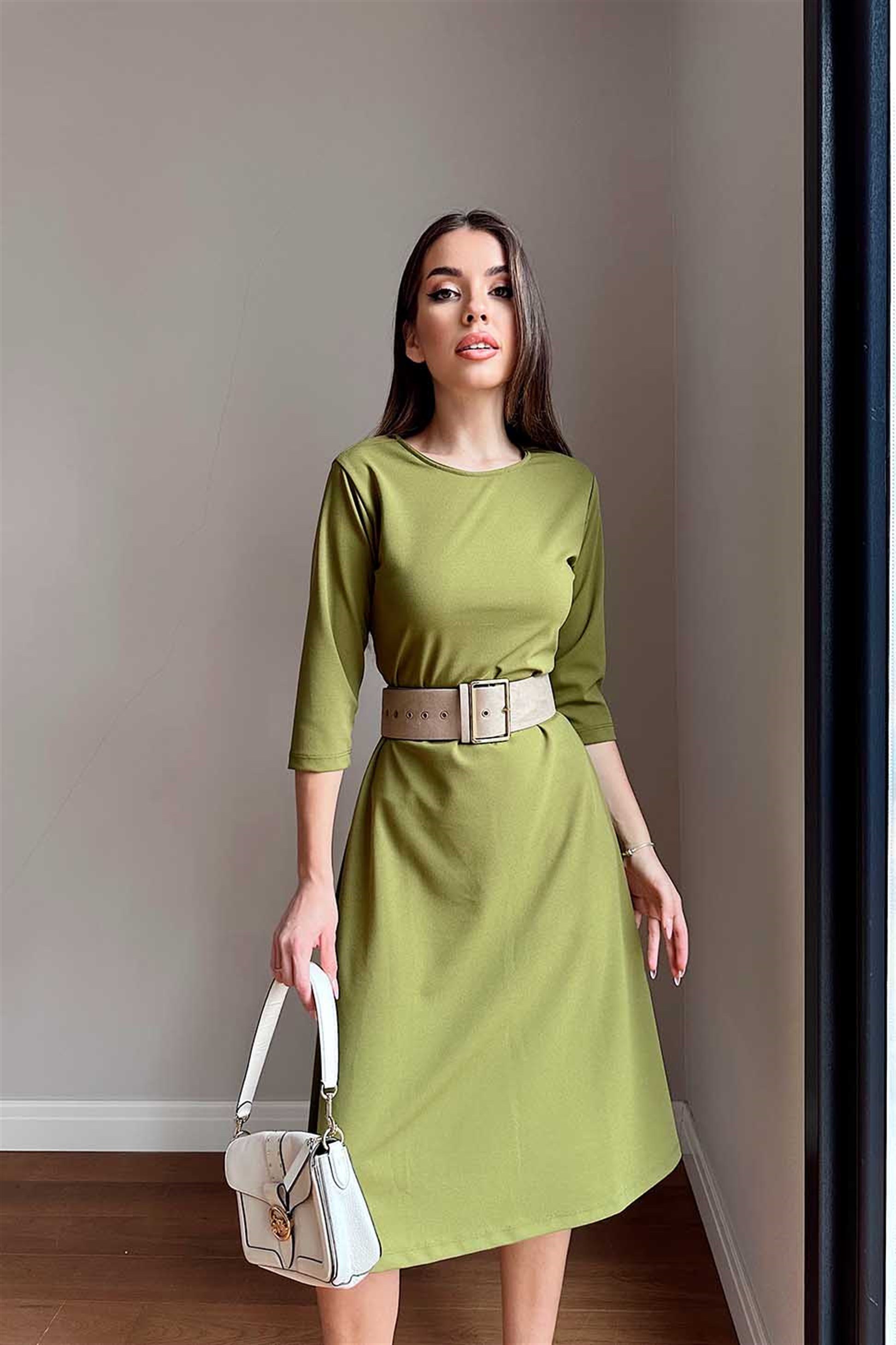 Bisiklet Yaka Çan Elbise Olive Yeşil