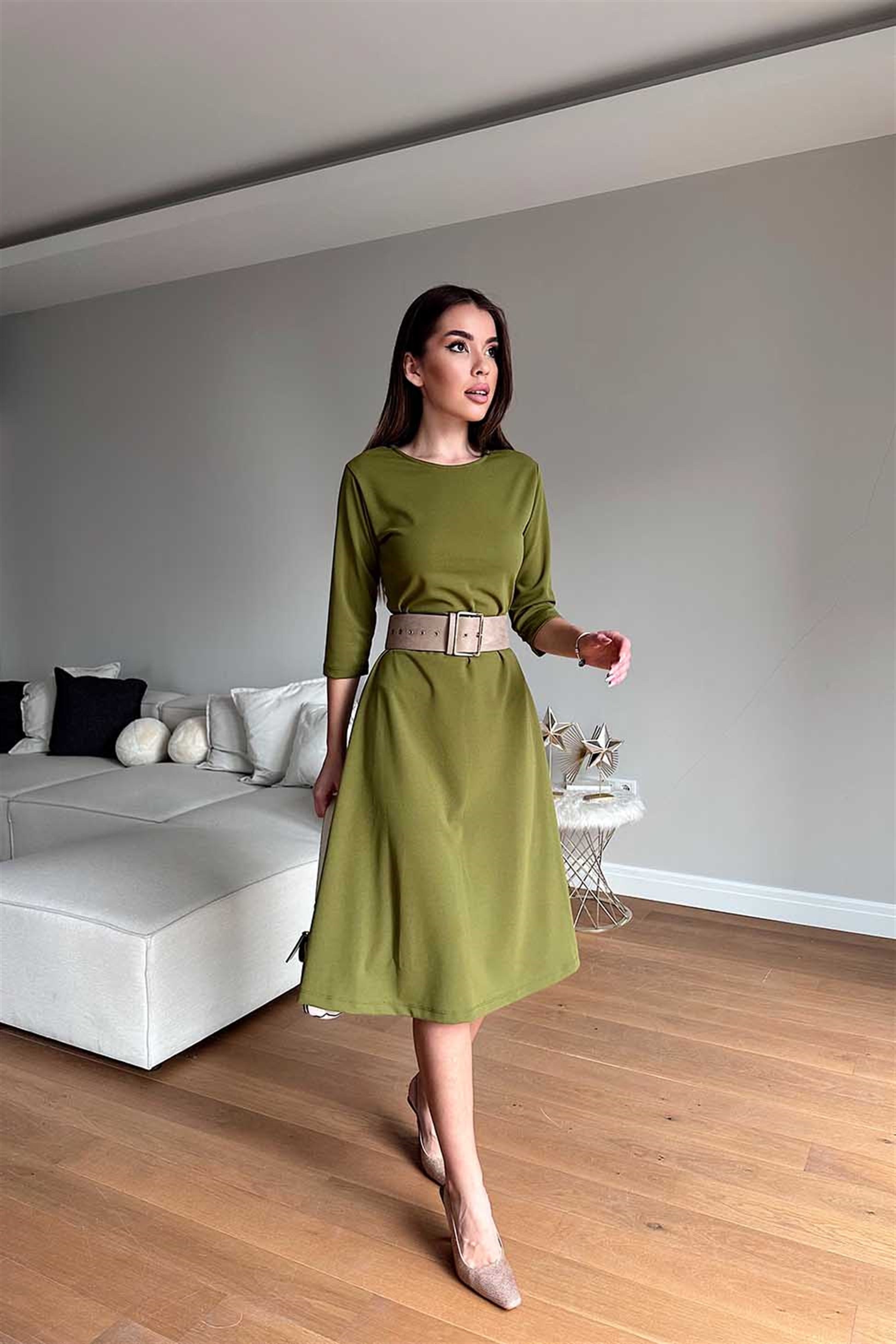 Bisiklet Yaka Çan Elbise Olive Yeşil