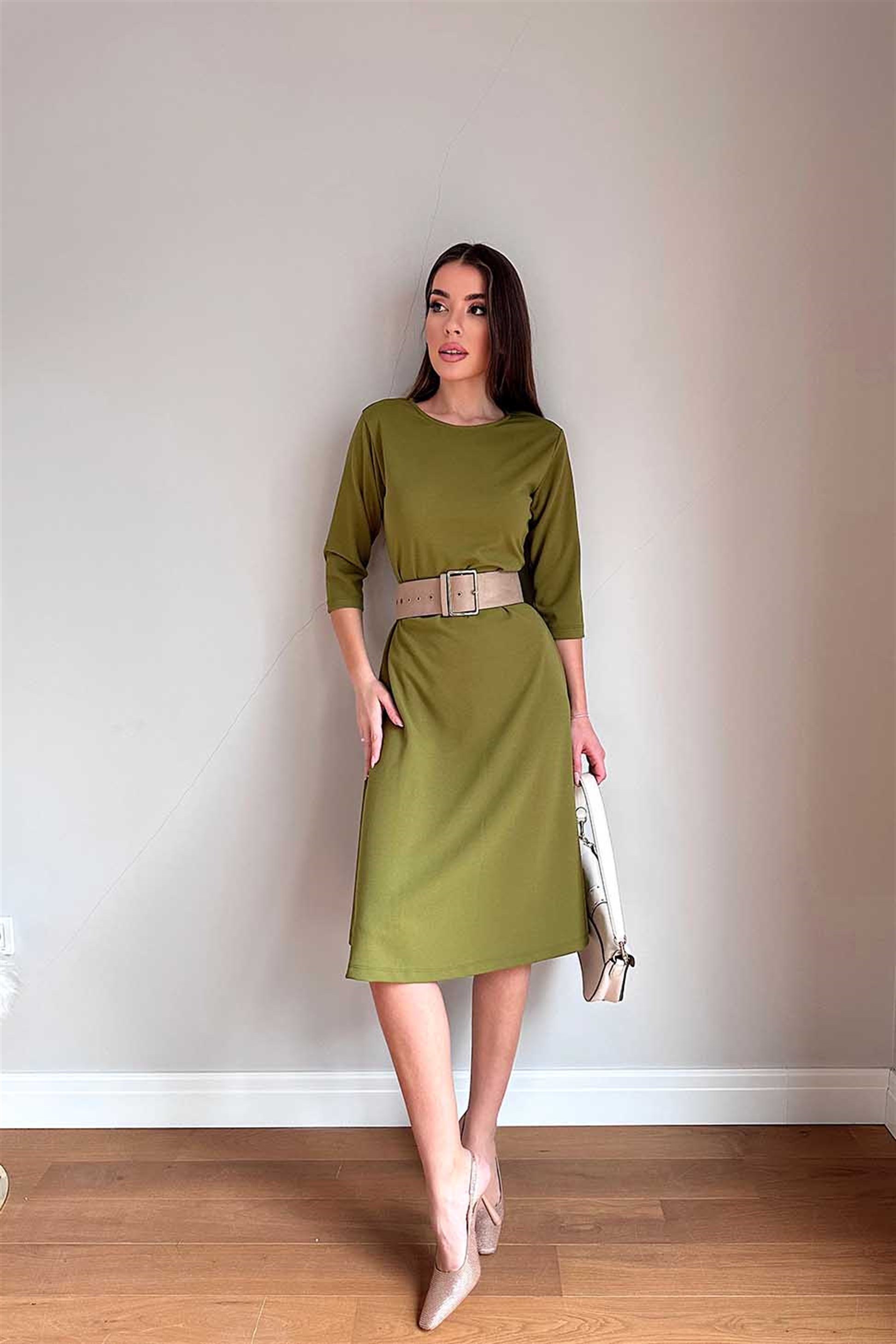 Bisiklet Yaka Çan Elbise Olive Yeşil