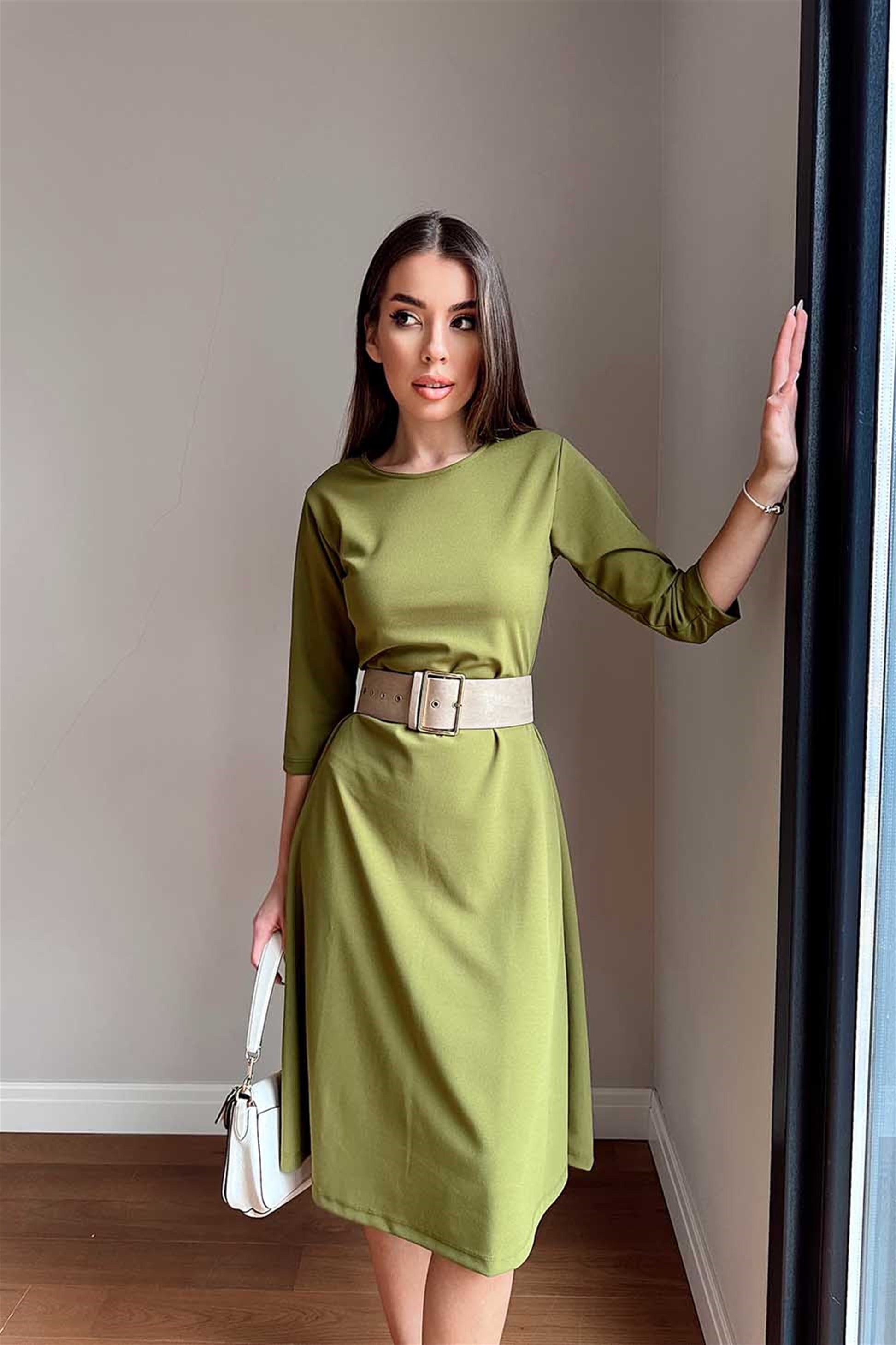 Bisiklet Yaka Çan Elbise Olive Yeşil