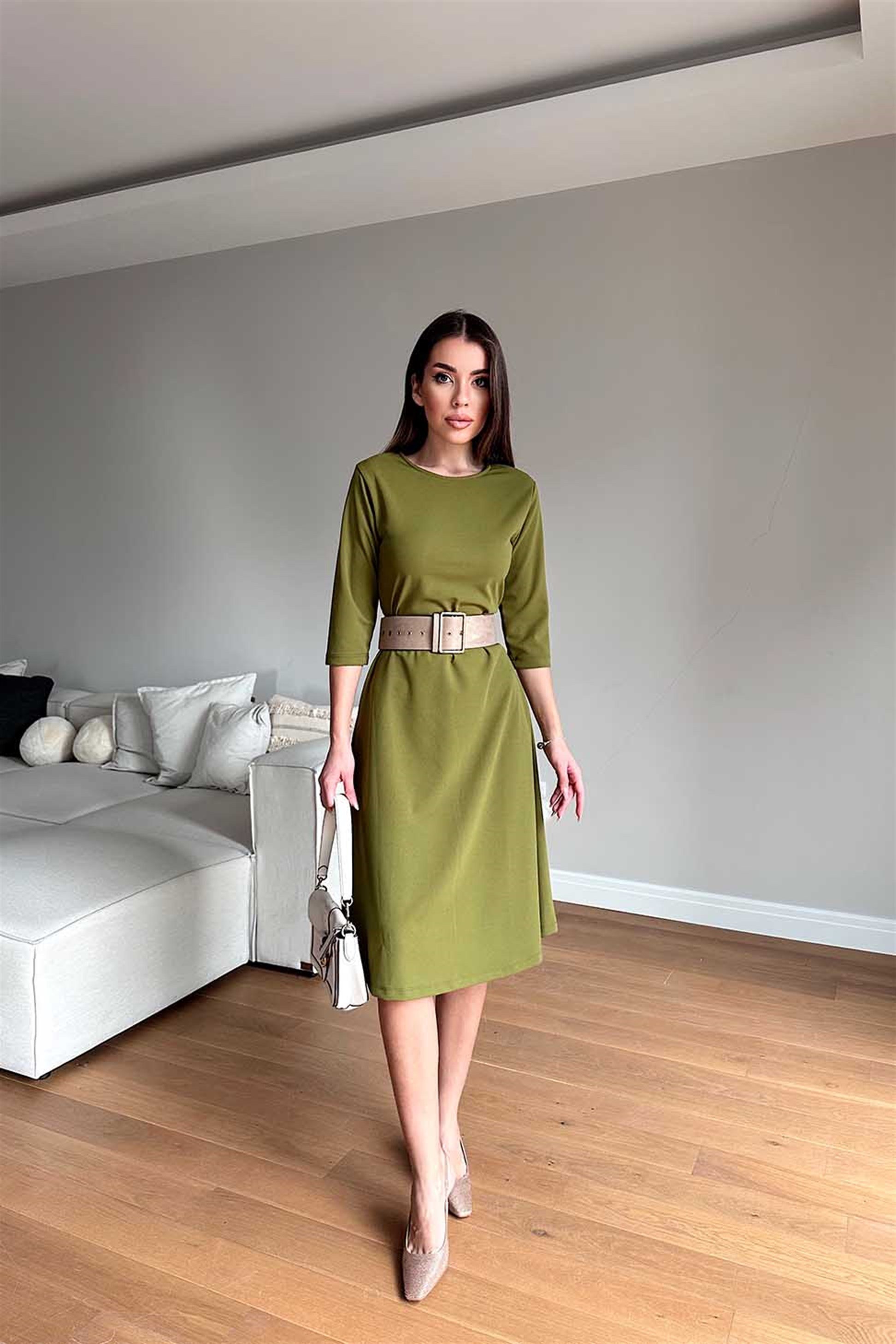 Bisiklet Yaka Çan Elbise Olive Yeşil