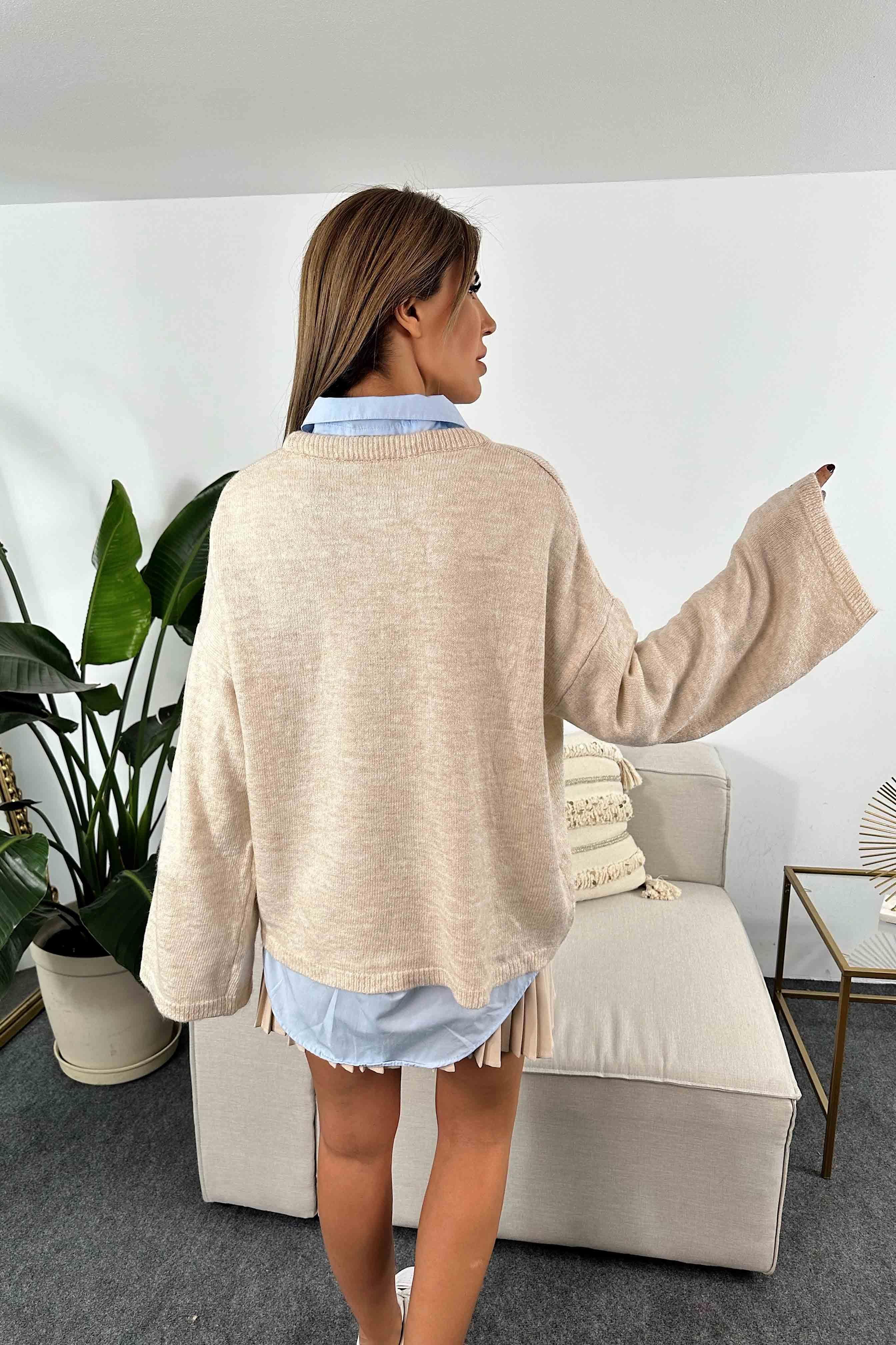 Bisiklet Yaka Geniş Kol Basic Kazak Taş