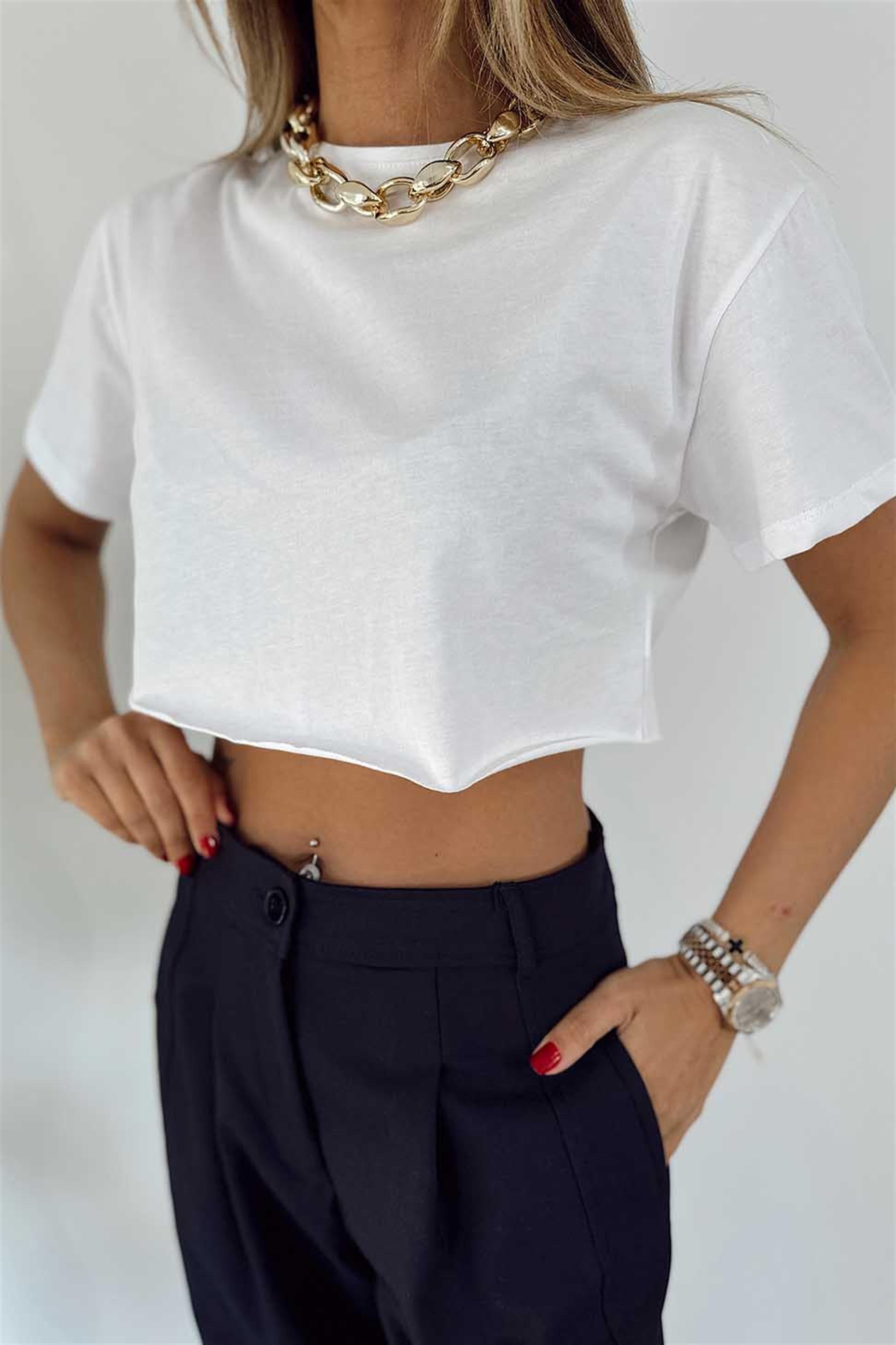 Bisiklet Yaka Lazer Kesim Crop Bluz Beyaz