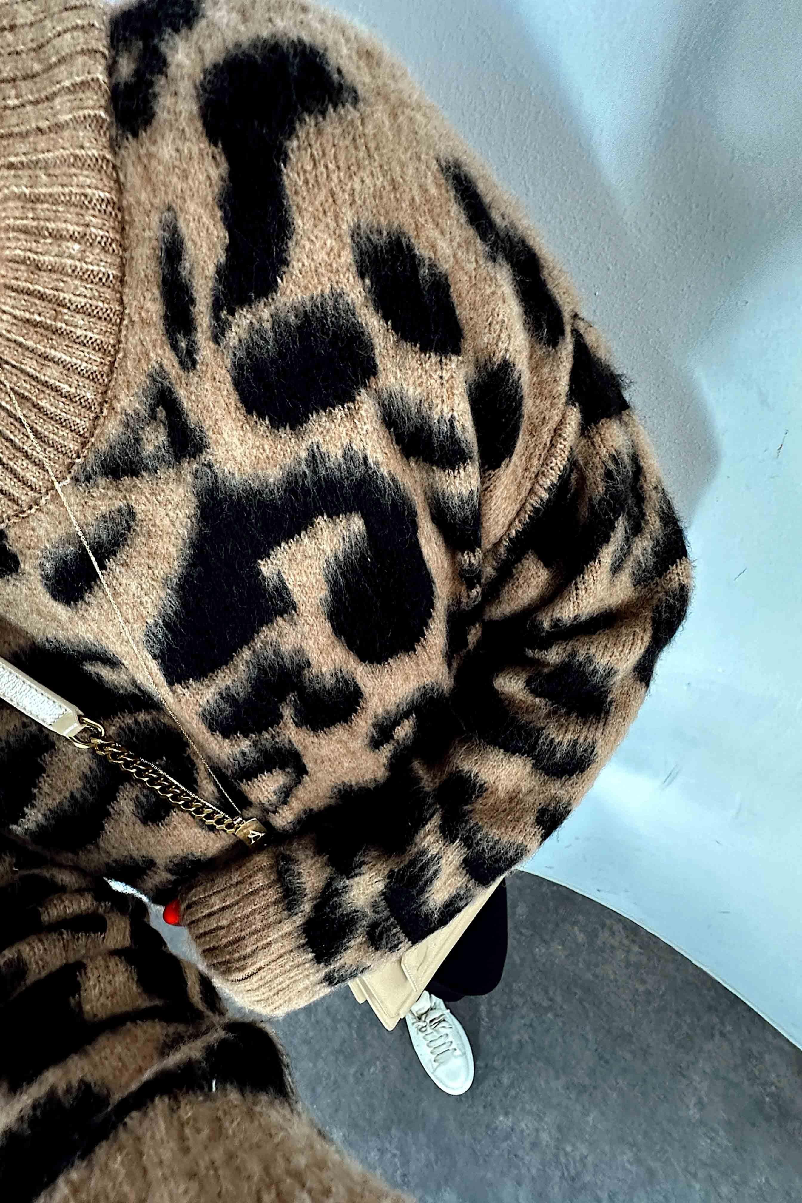 Bisiklet Yaka Leopar Şardonlu Triko Kadın Kazak Sütlü Kahve