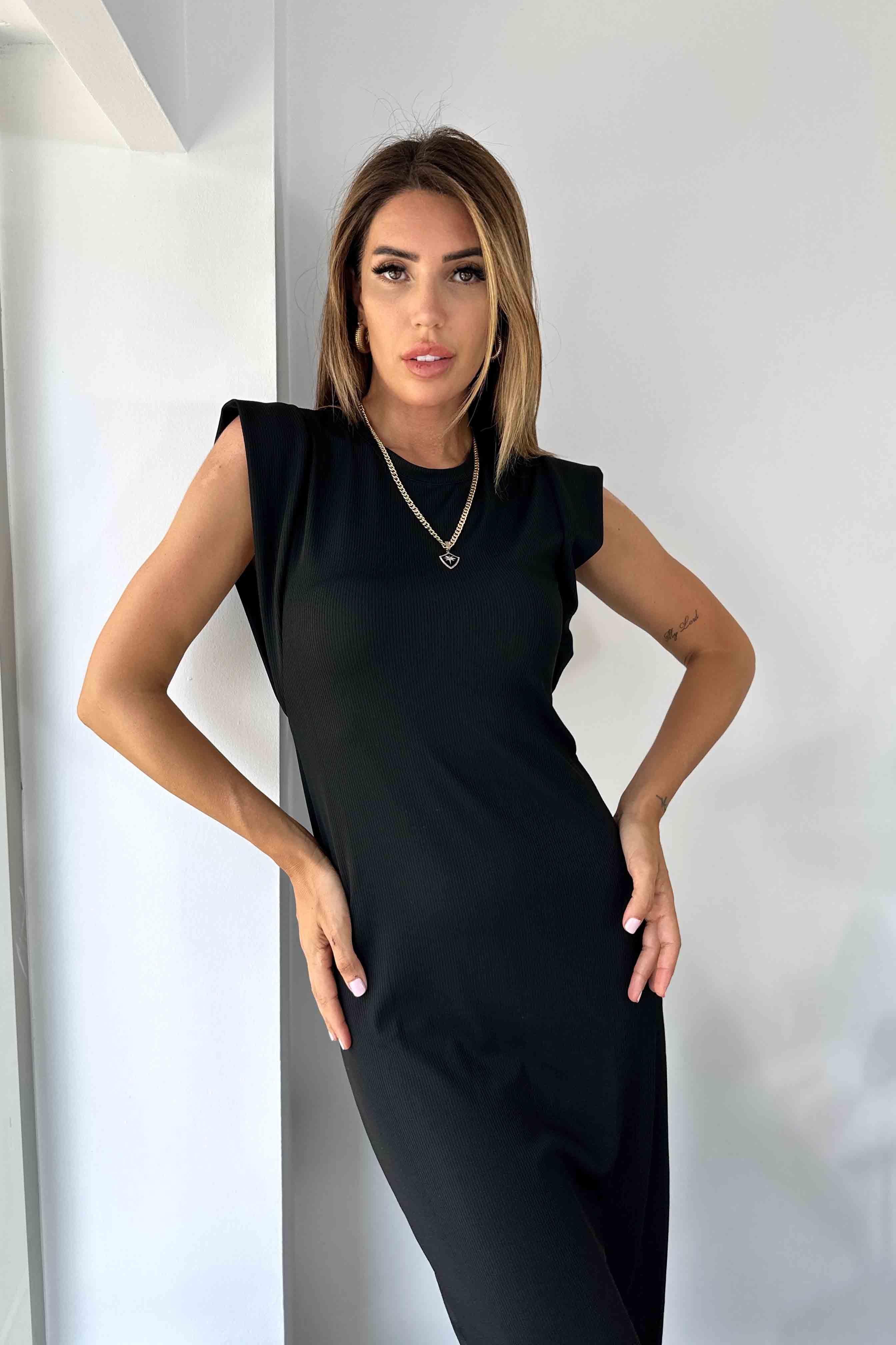 Bisiklet Yaka Likralı Uzun Elbise Siyah
