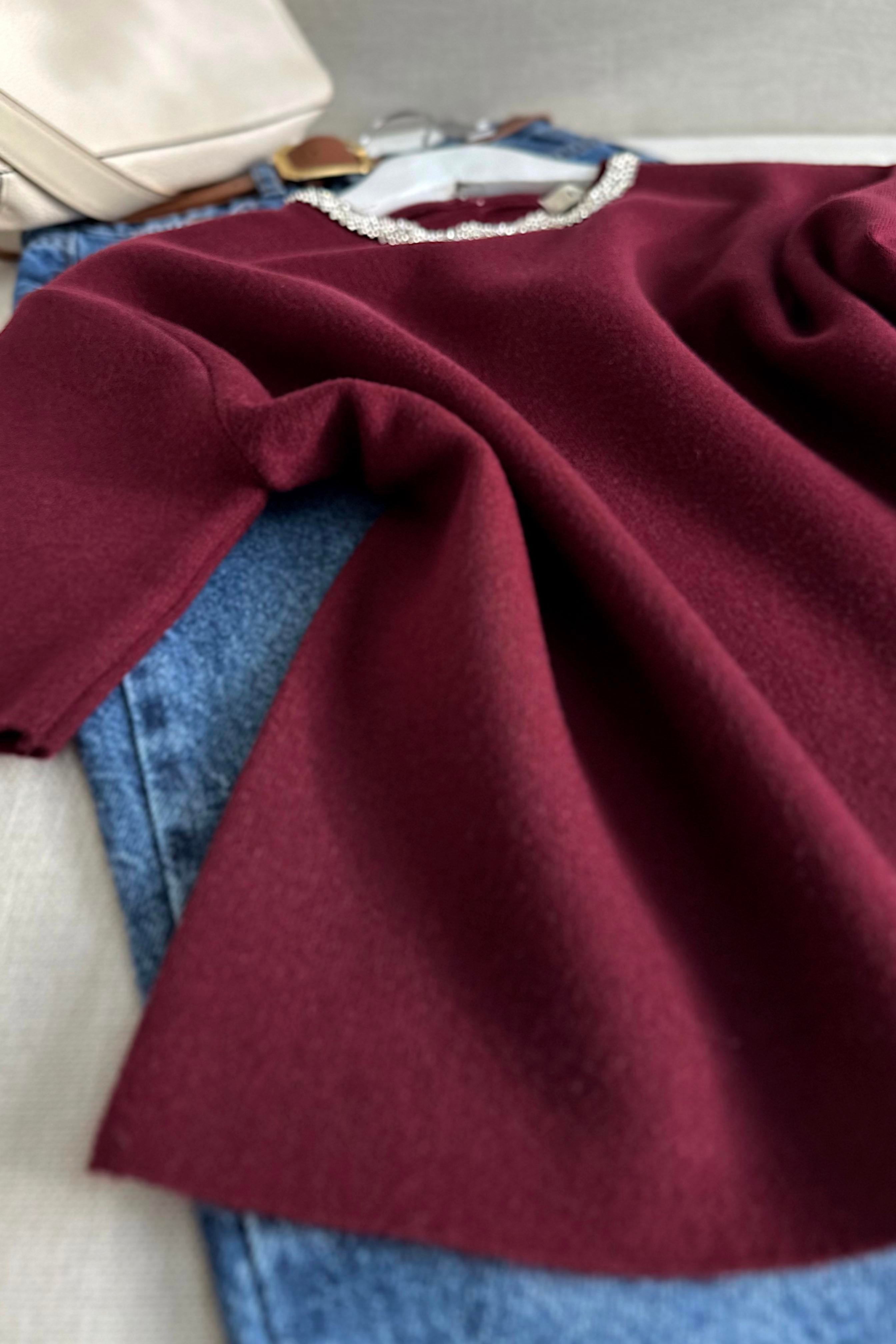Bisiklet Yaka Parlak Taş Detaylı Triko Bluz Bordo