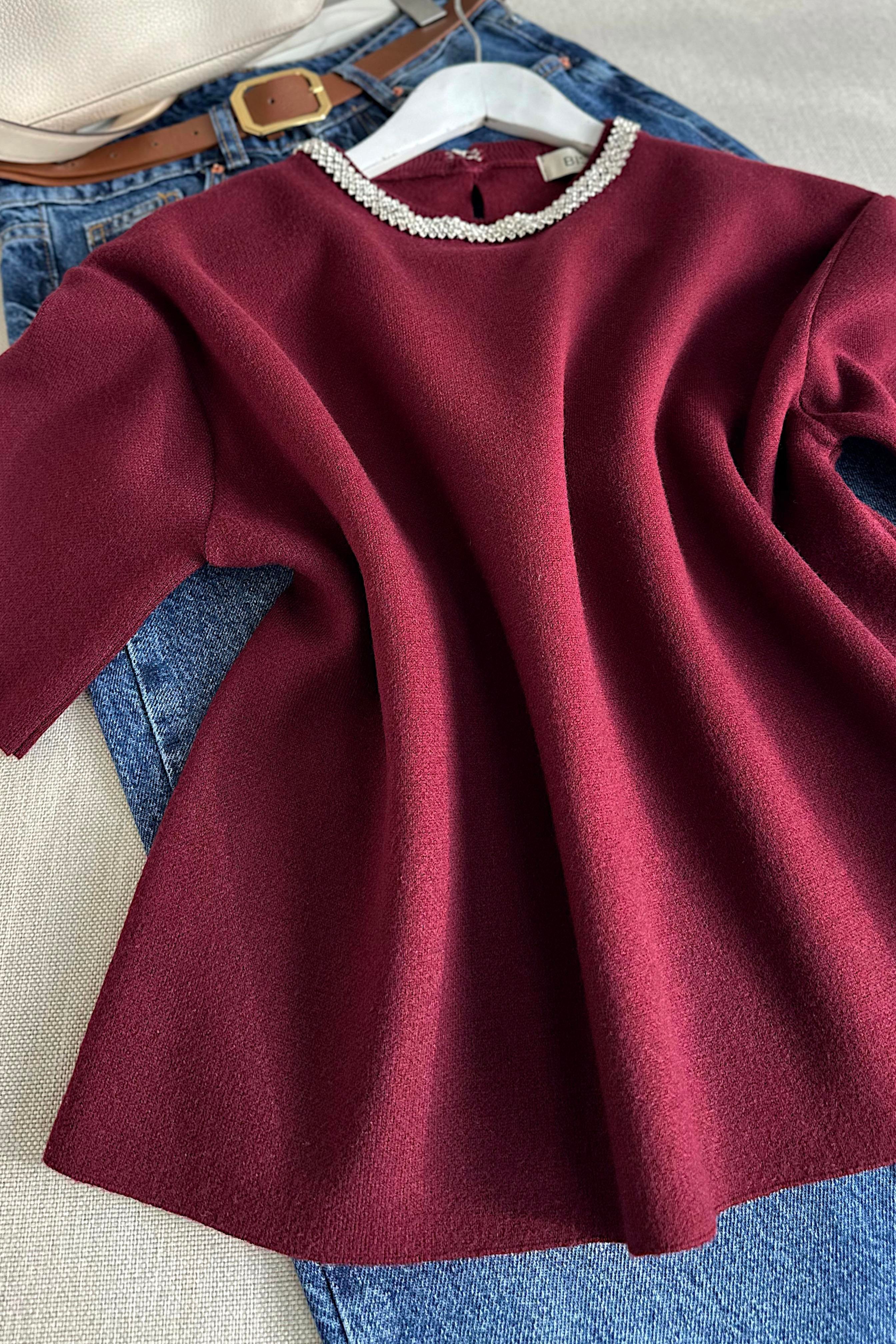 Bisiklet Yaka Parlak Taş Detaylı Triko Bluz Bordo