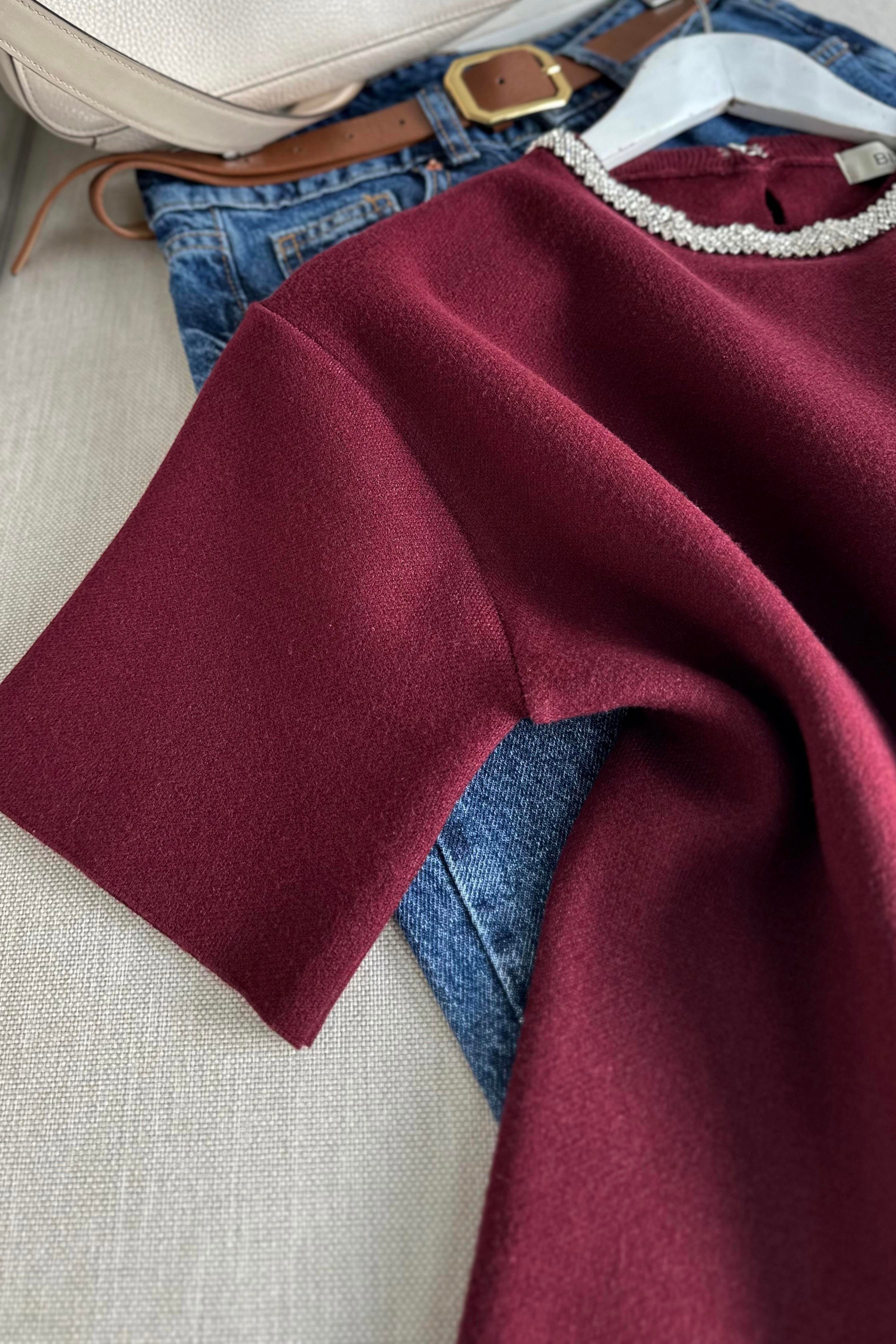 Bisiklet Yaka Parlak Taş Detaylı Triko Bluz Bordo