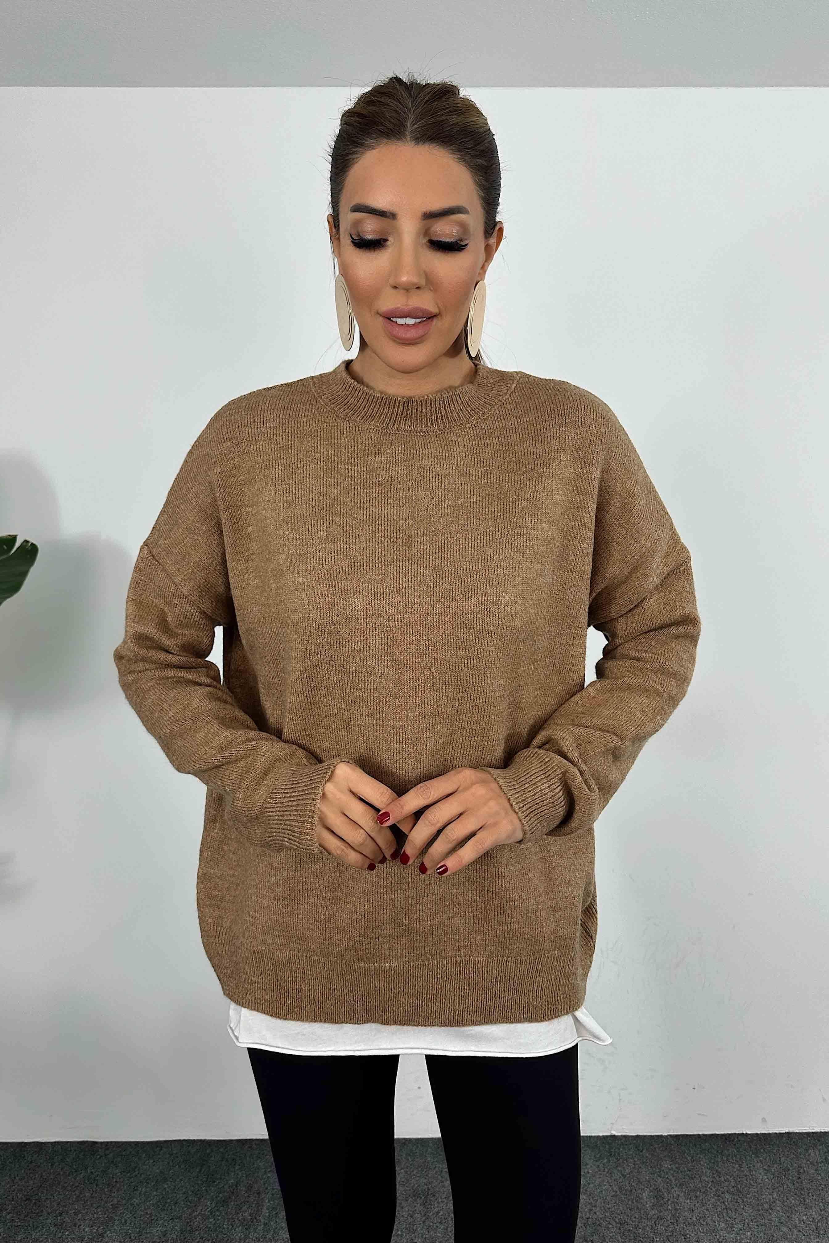 Bisiklet Yaka Salaş Triko Kazak Camel