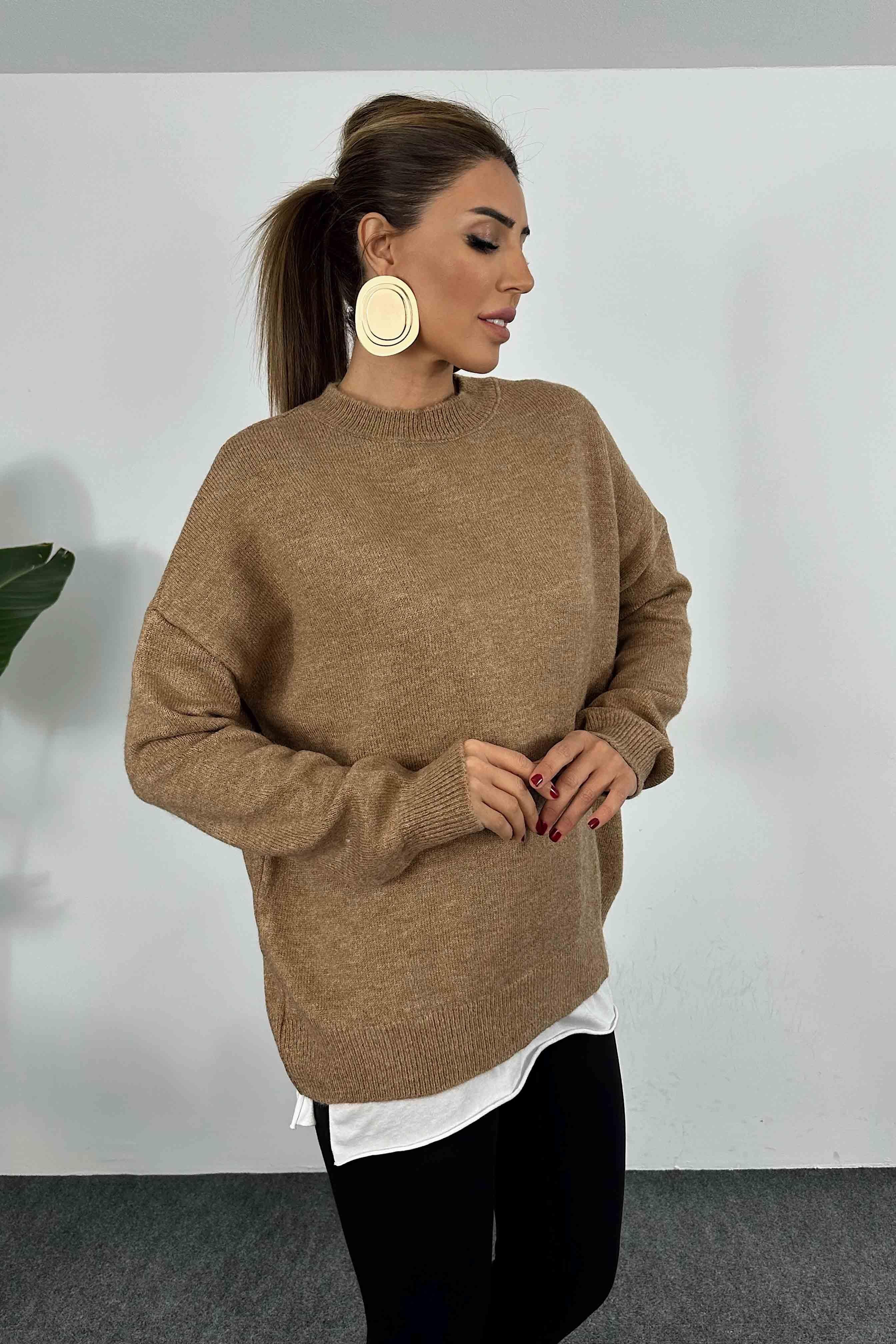 Bisiklet Yaka Salaş Triko Kazak Camel