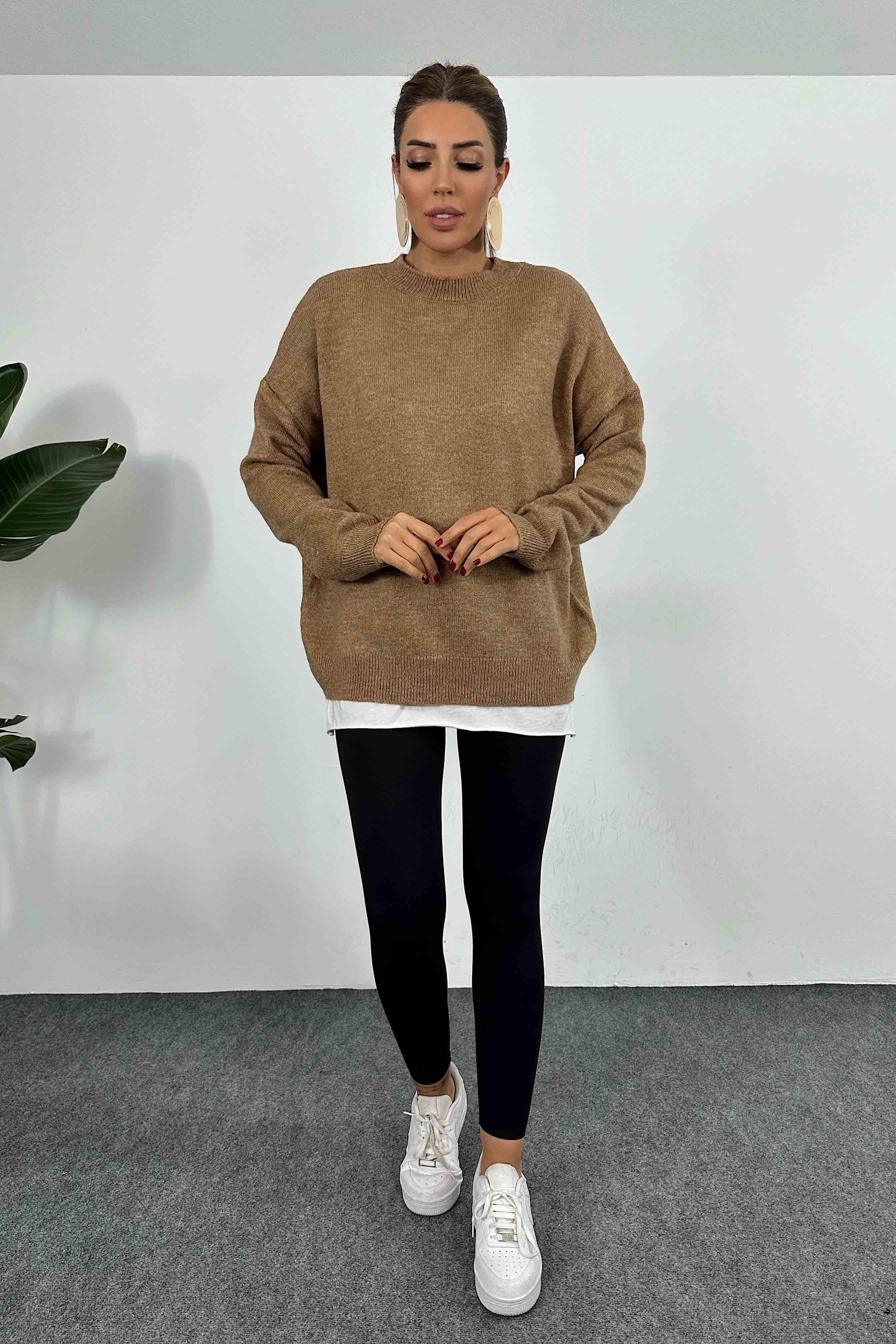 Bisiklet Yaka Salaş Triko Kazak Camel