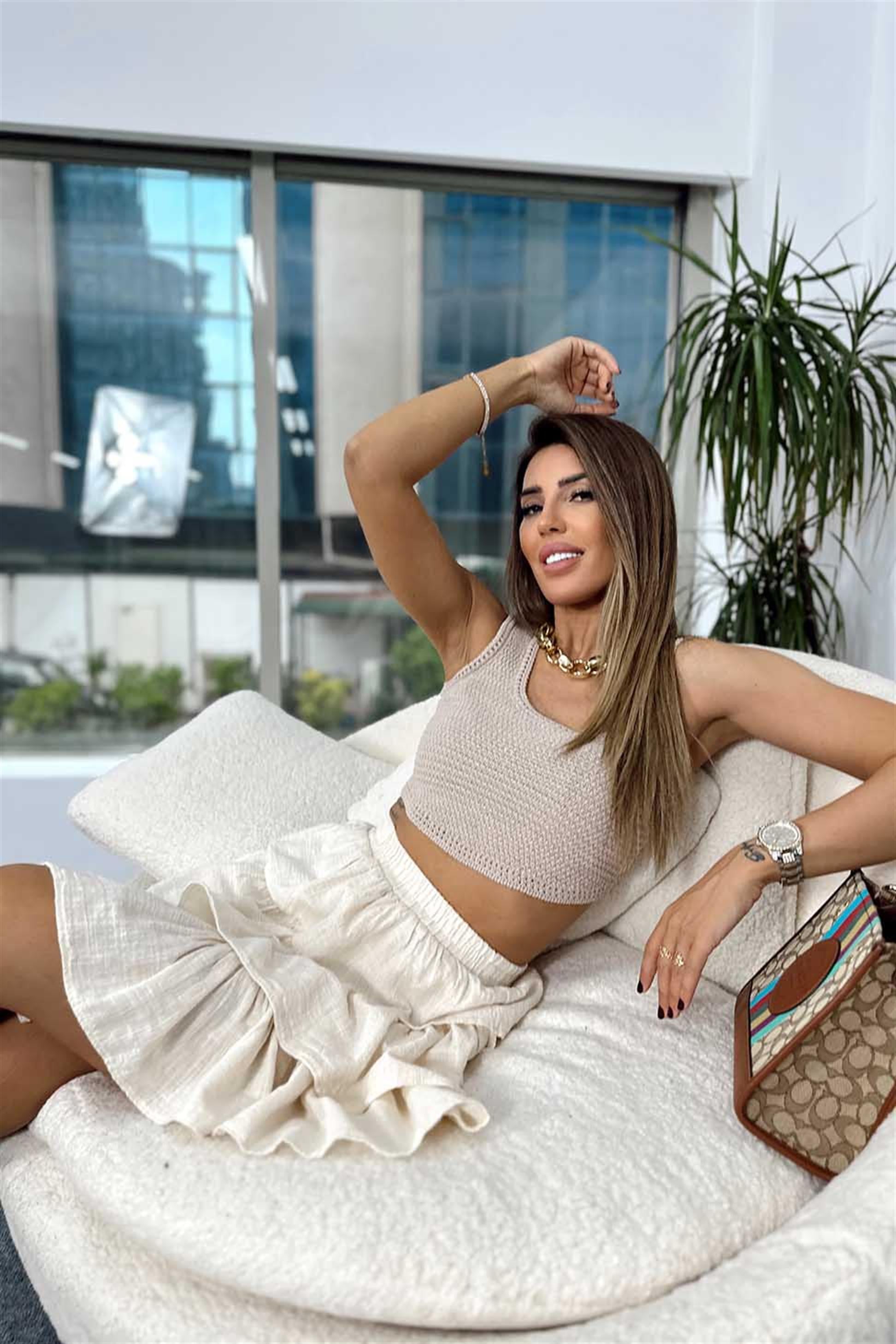 Bisiklet Yaka Seyrek Örgü Triko Bluz Vizon