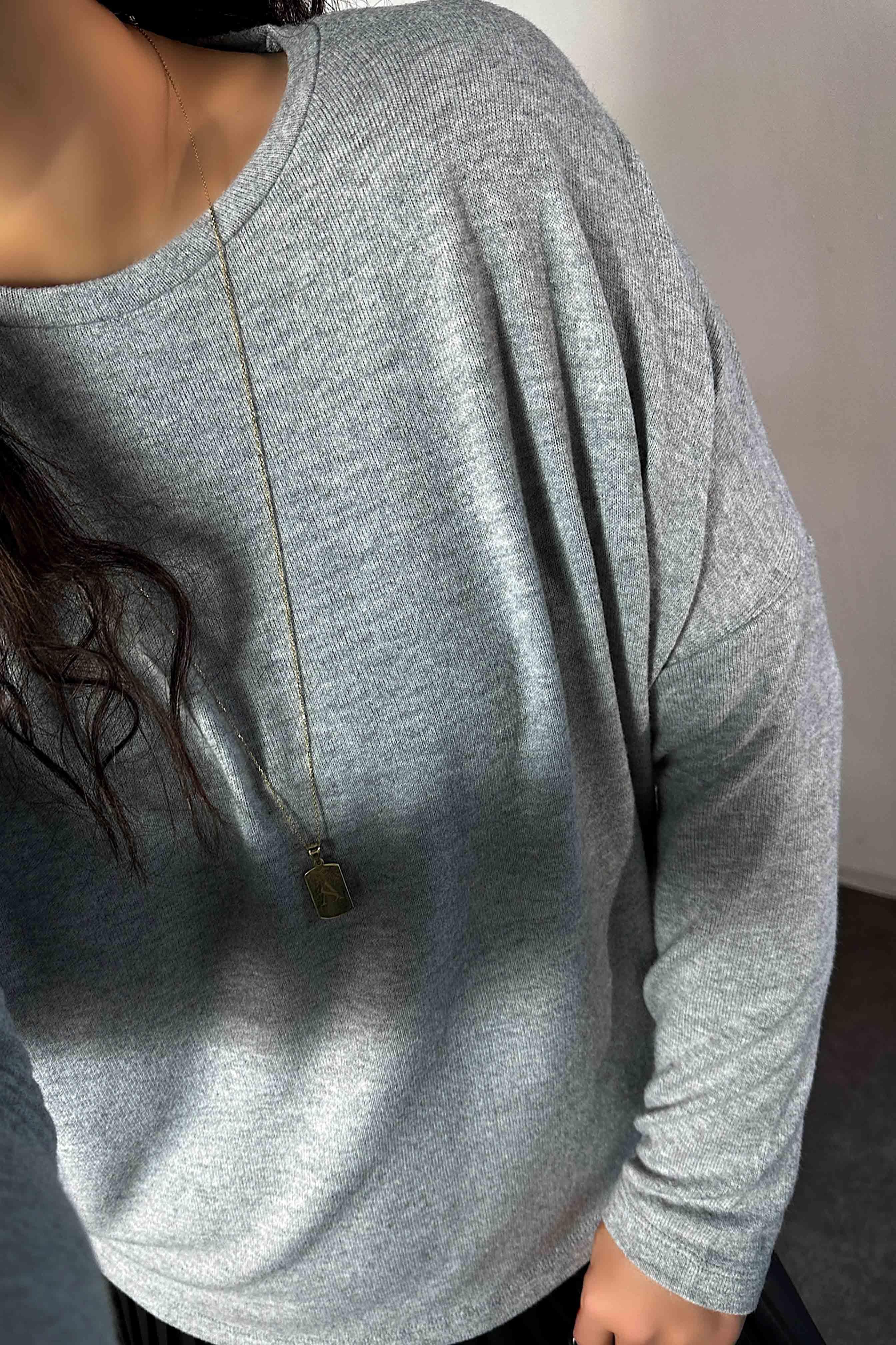 Bisiklet Yaka Yumoş Basic Bluz Gri