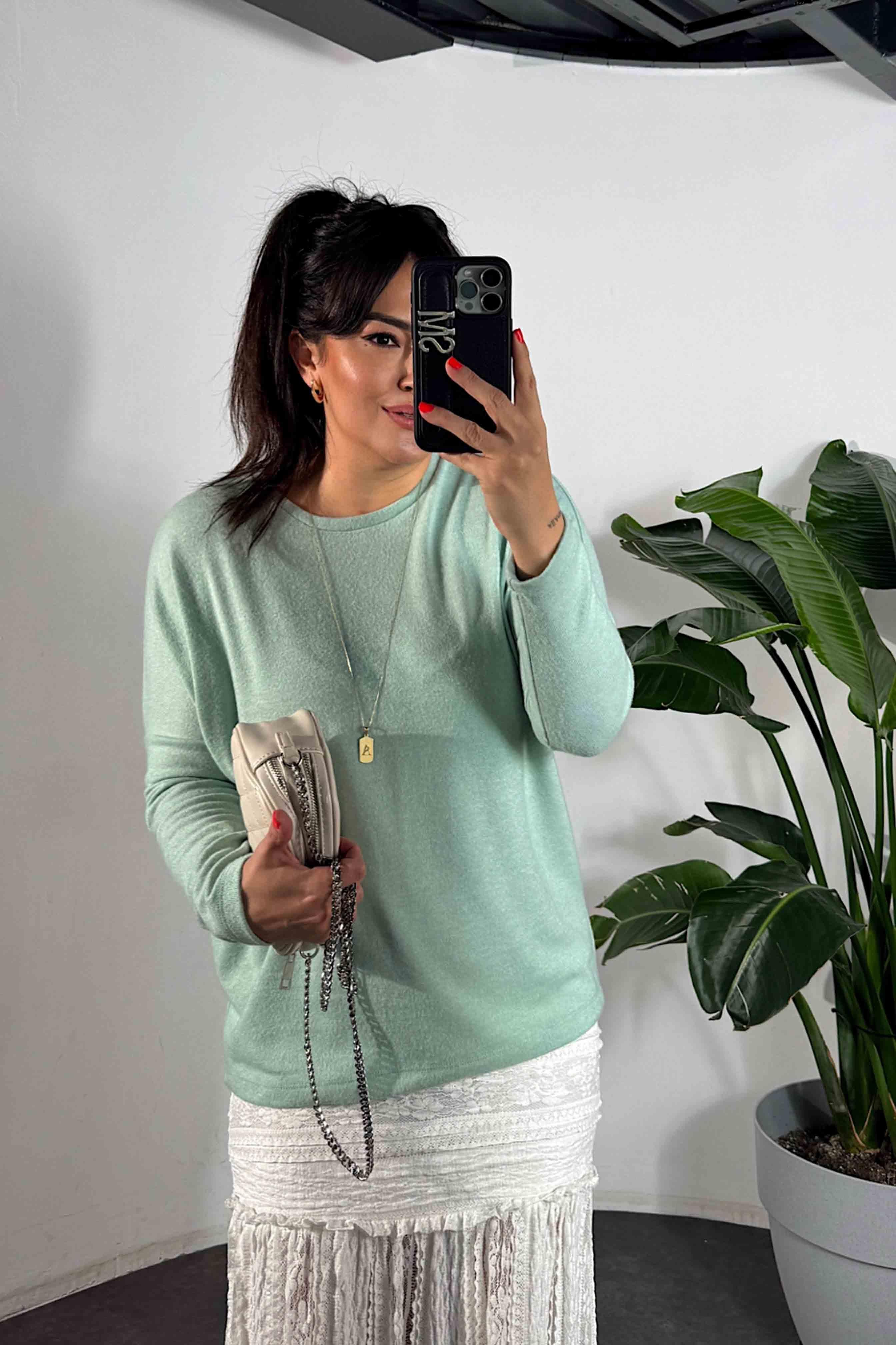 Bisiklet Yaka Yumoş Basic Bluz Mint