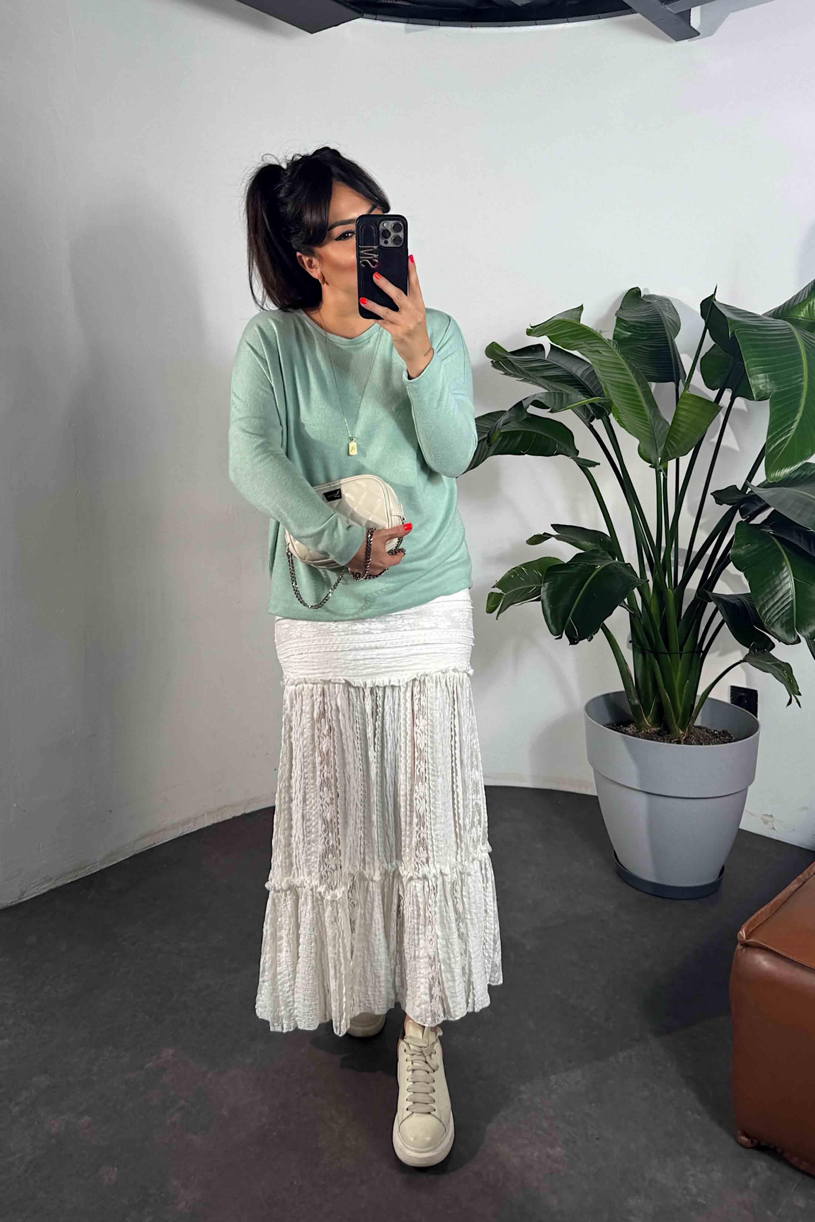 Bisiklet Yaka Yumoş Basic Bluz Mint
