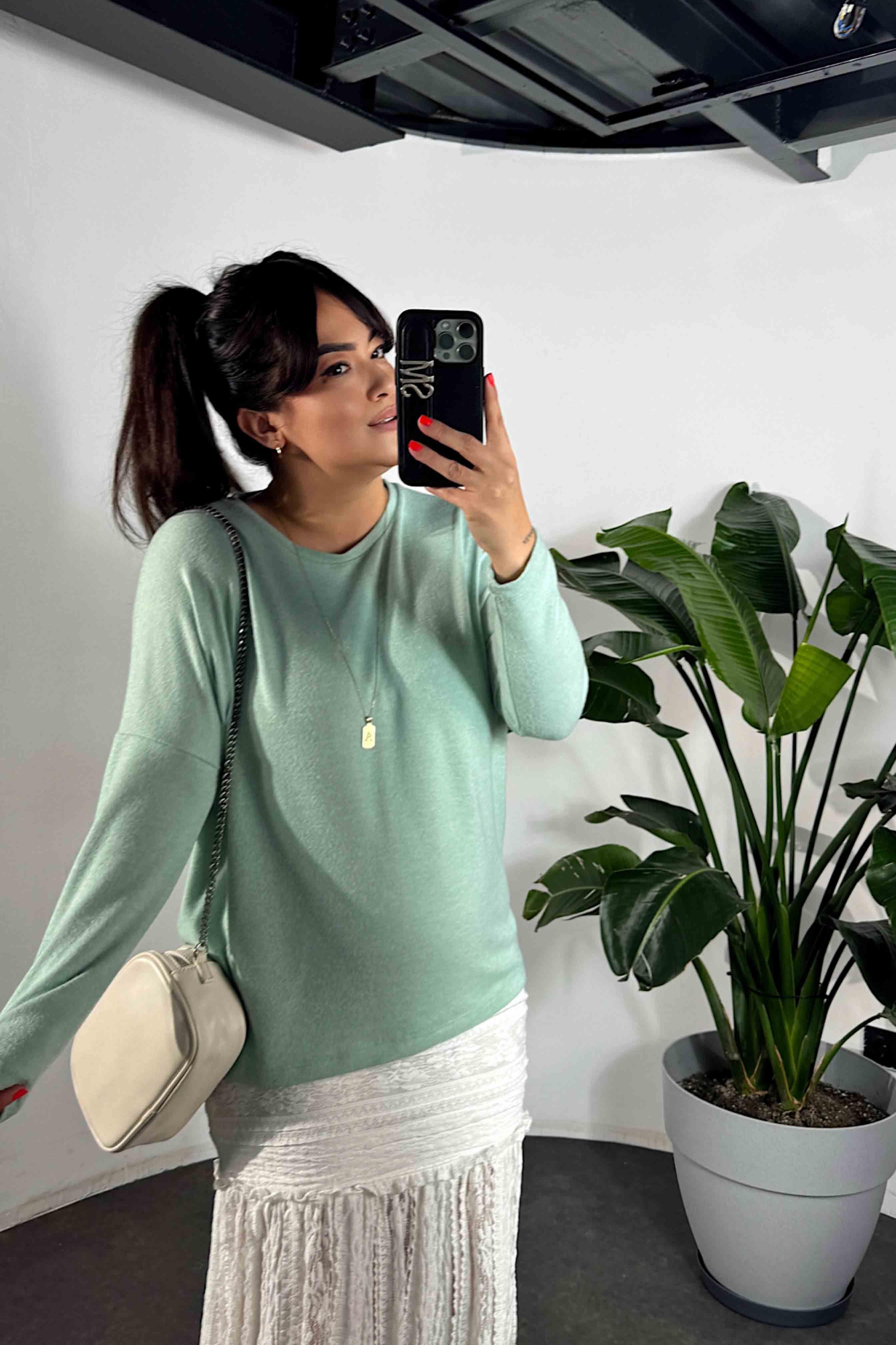 Bisiklet Yaka Yumoş Basic Bluz Mint