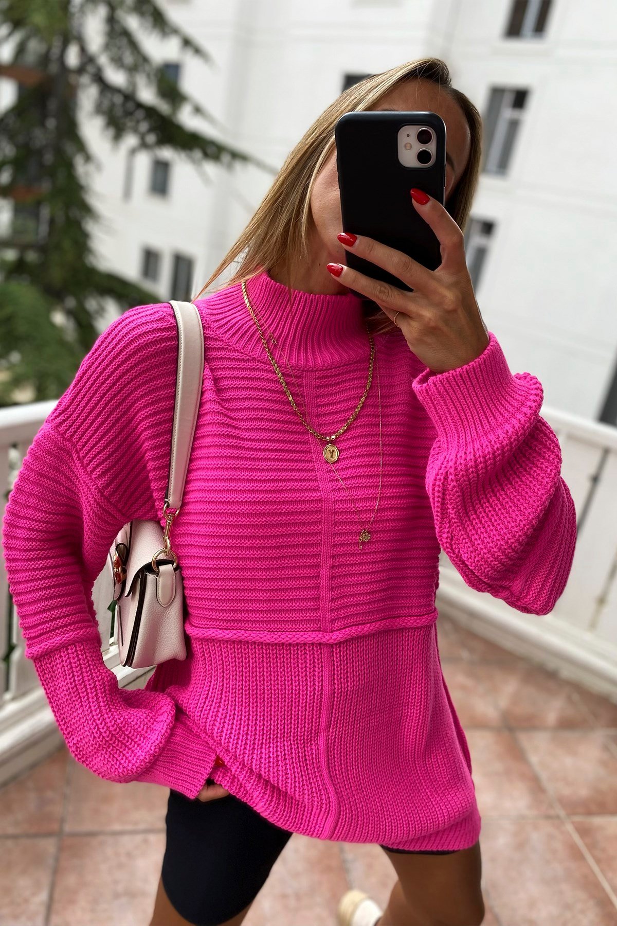 Boğazlı Oversize Örme Salaş Kazak Pembe
