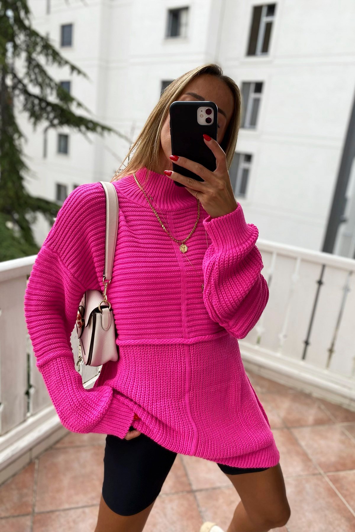 Boğazlı Oversize Örme Salaş Kazak Pembe