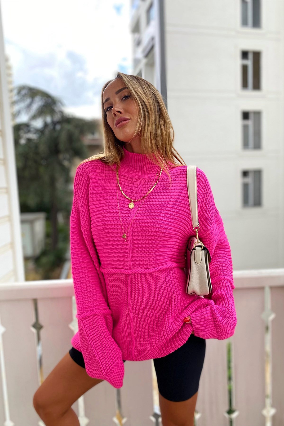 Boğazlı Oversize Örme Salaş Kazak Pembe
