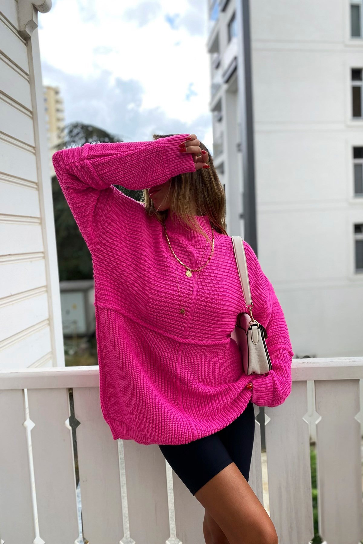 Boğazlı Oversize Örme Salaş Kazak Pembe