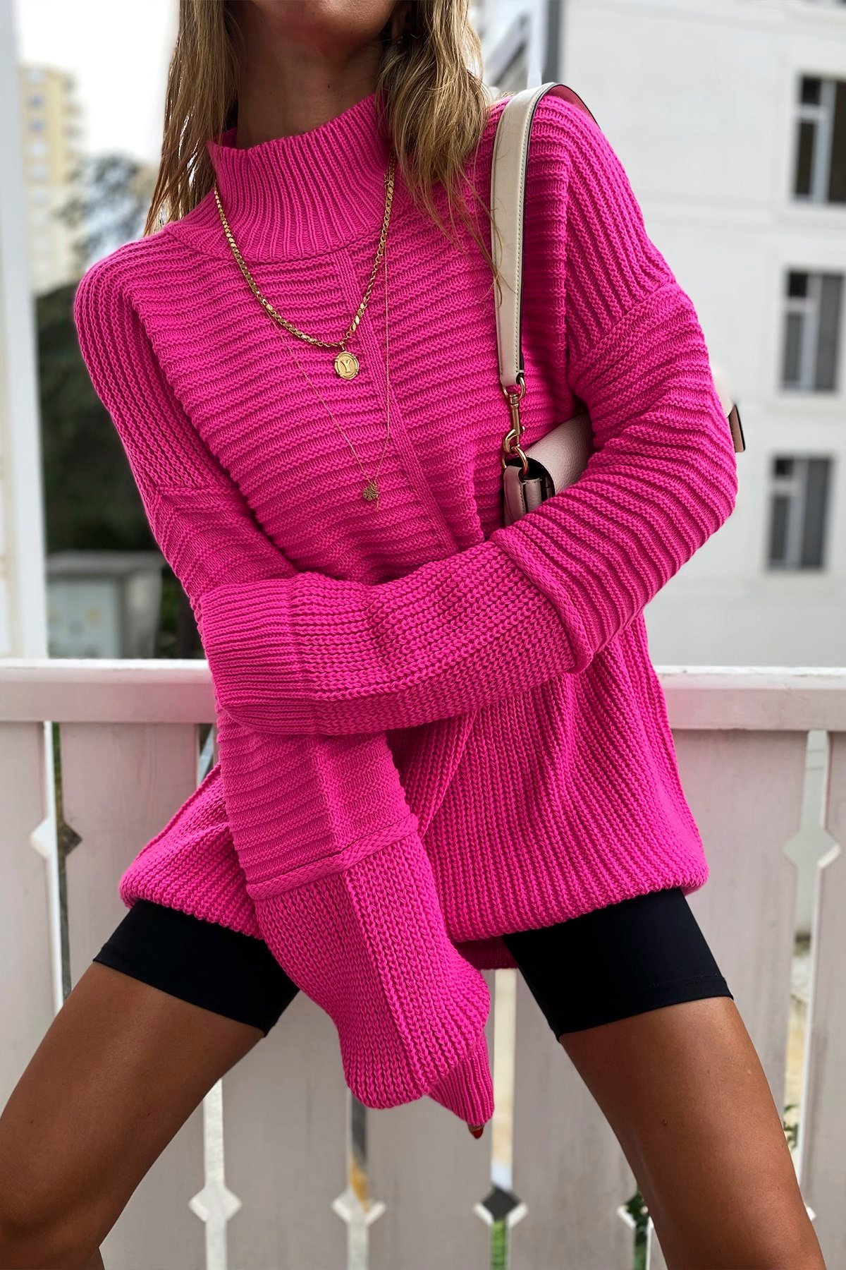 Boğazlı Oversize Örme Salaş Kazak Pembe