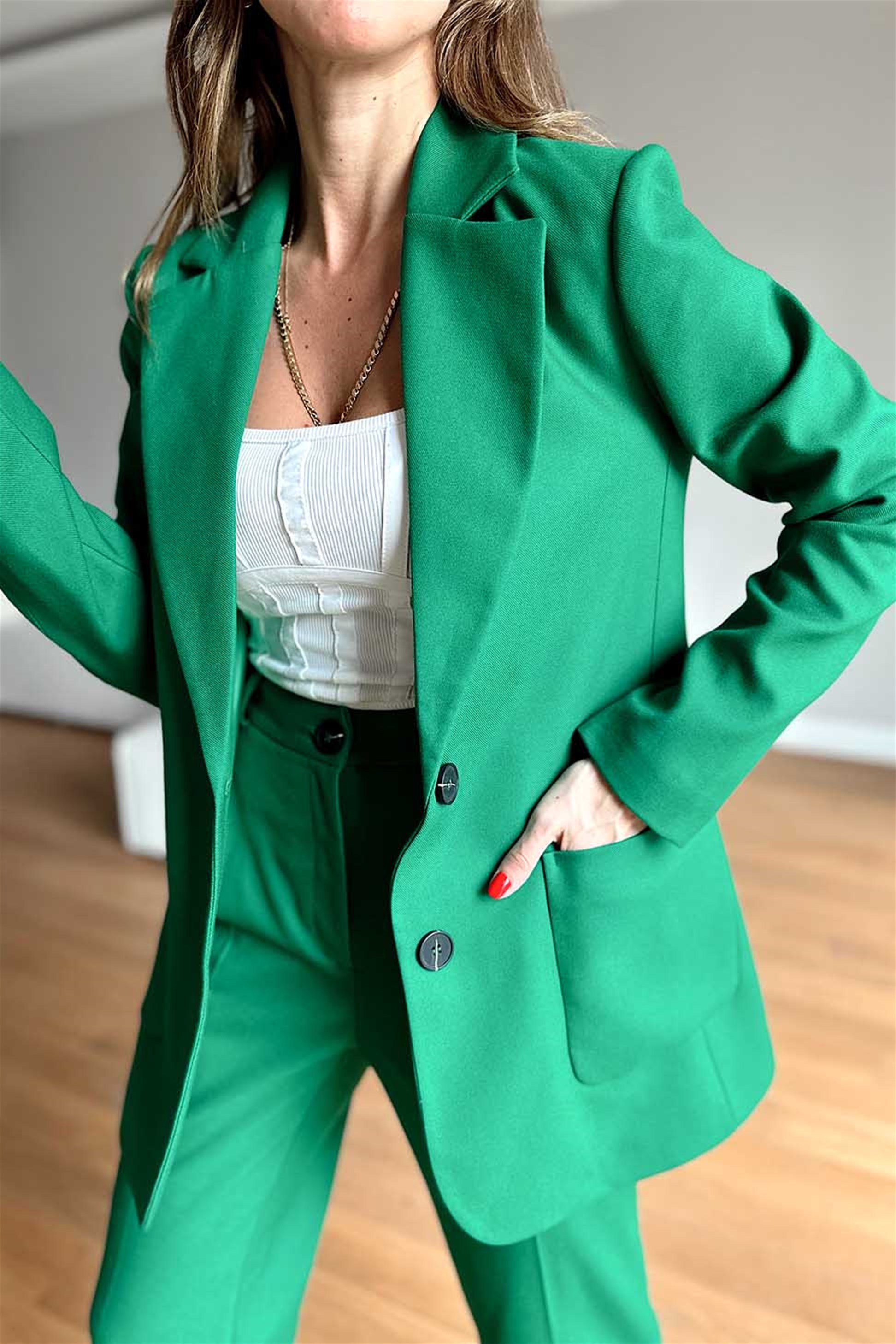 Bol Pantolon Blazer Ceket Takım Yeşil