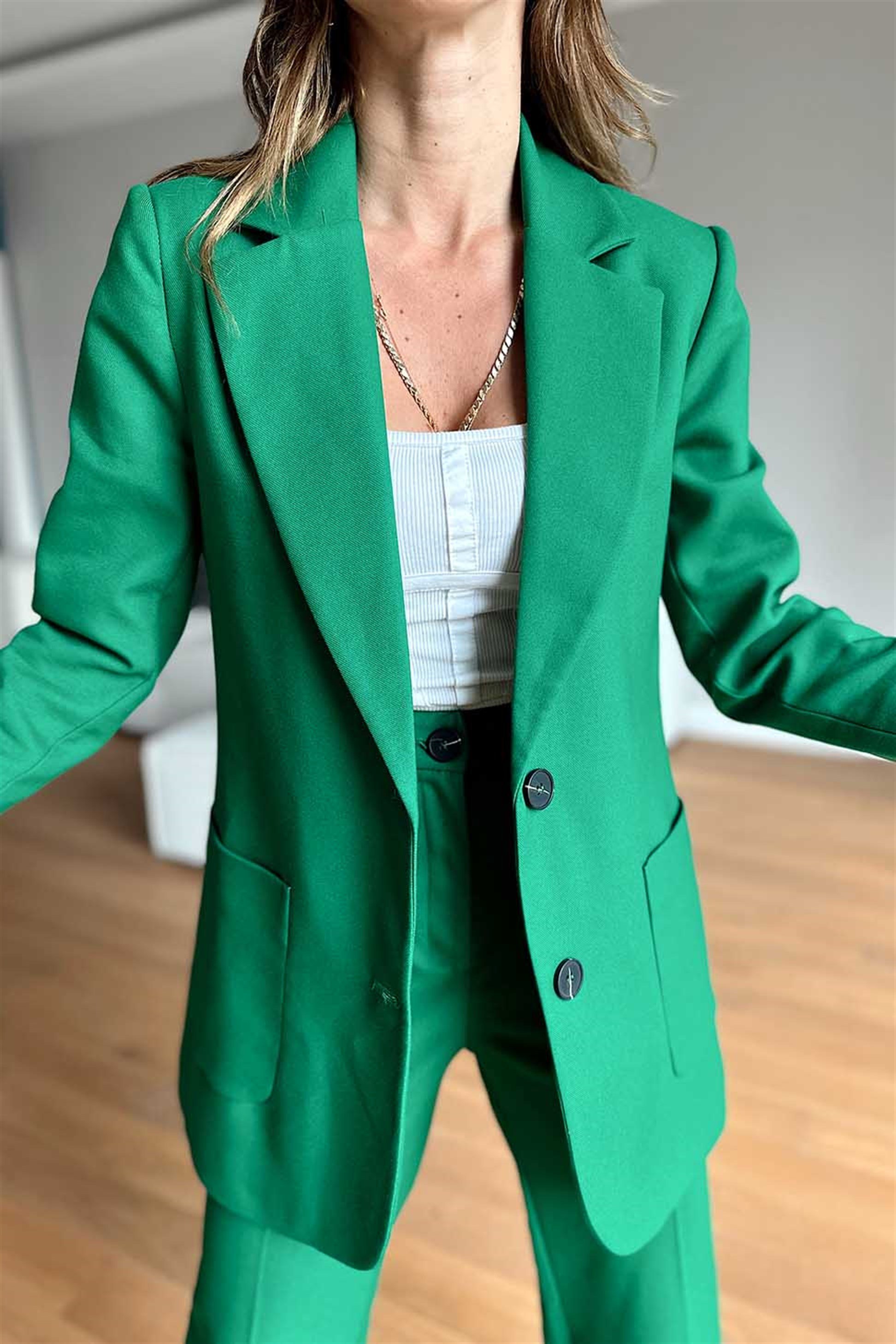 Bol Pantolon Blazer Ceket Takım Yeşil