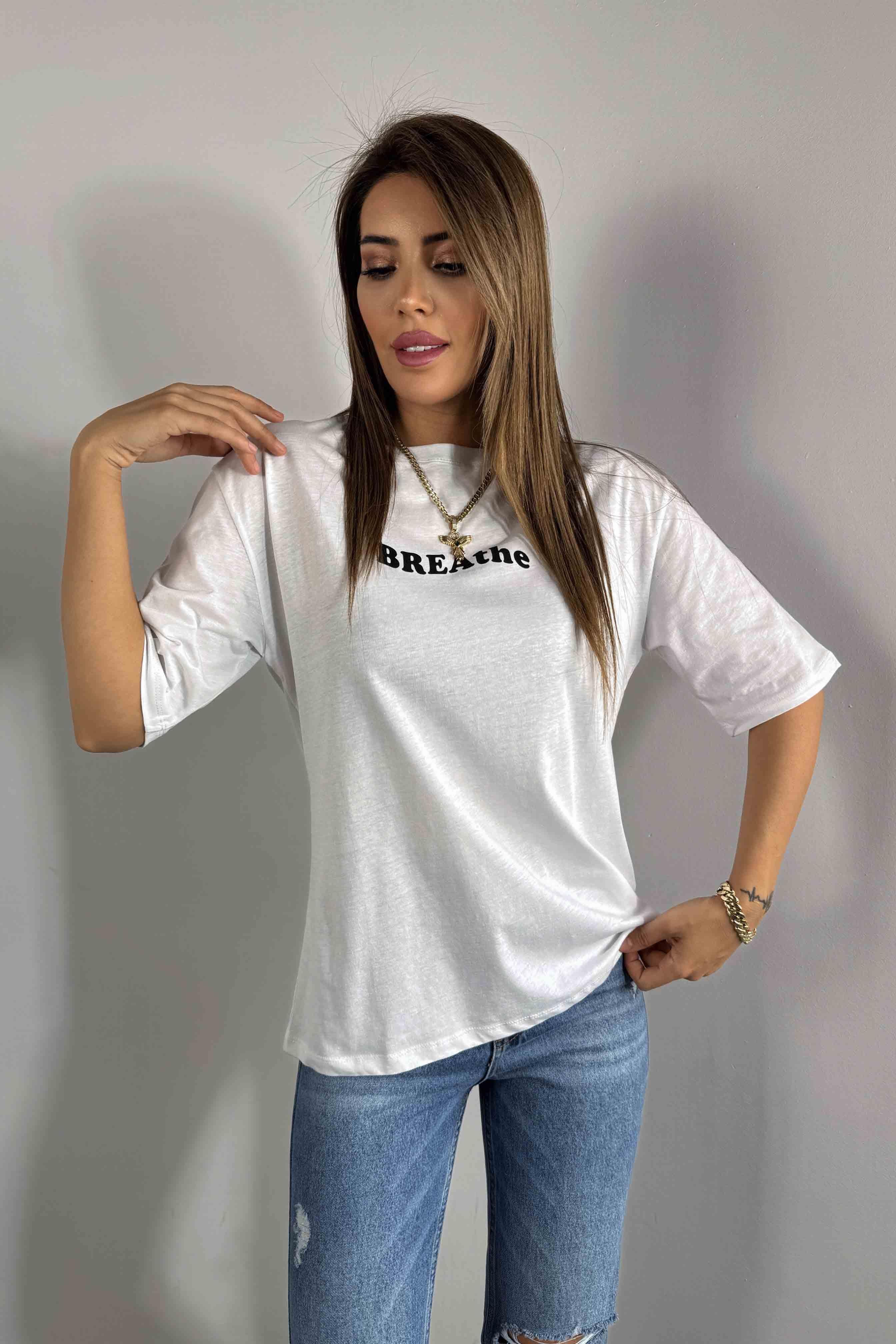 Breathe Baskılı Kadın Tişört Beyaz
