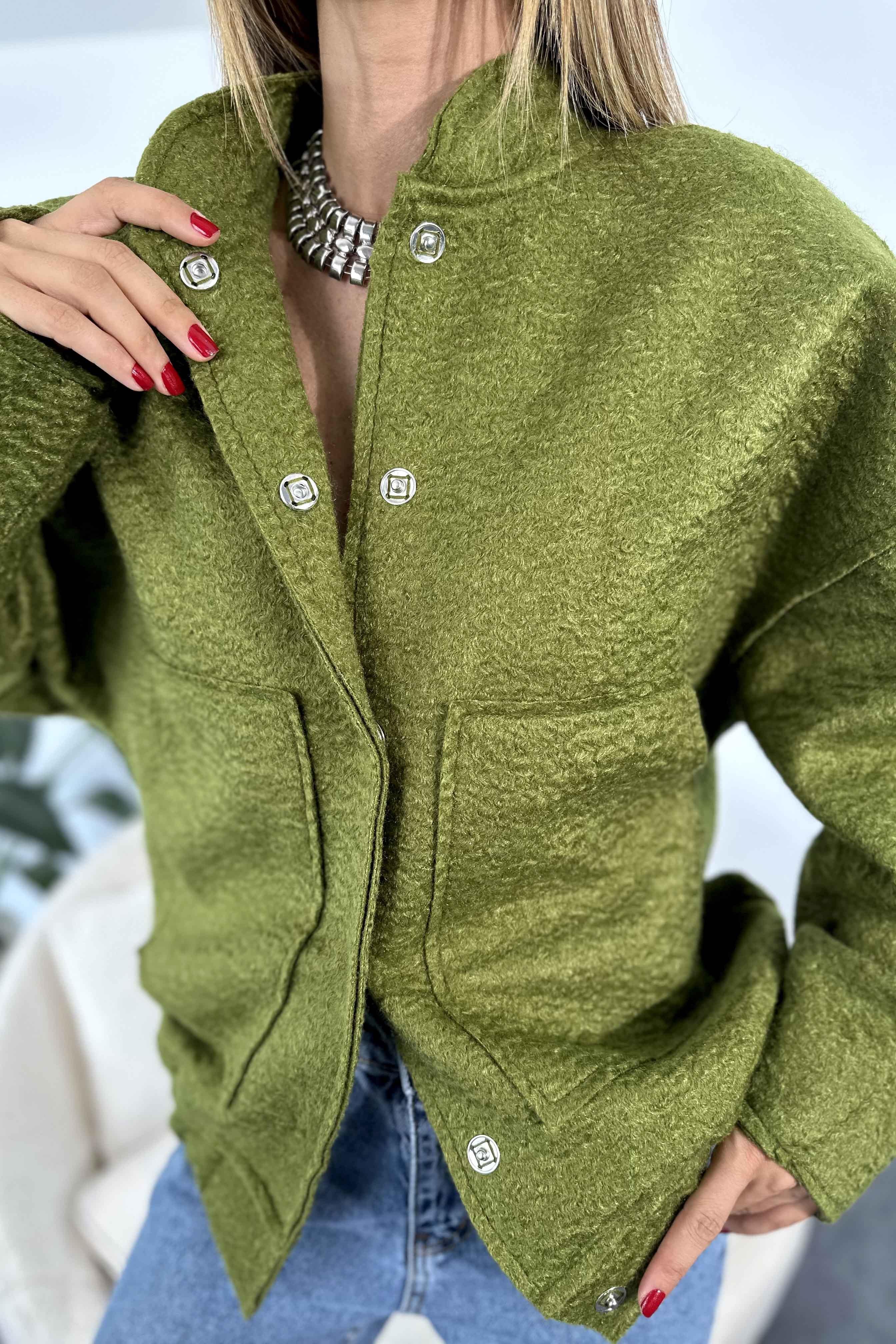 Buklet Kaşe Kumaş Oversize Bomber Caket Yeşil