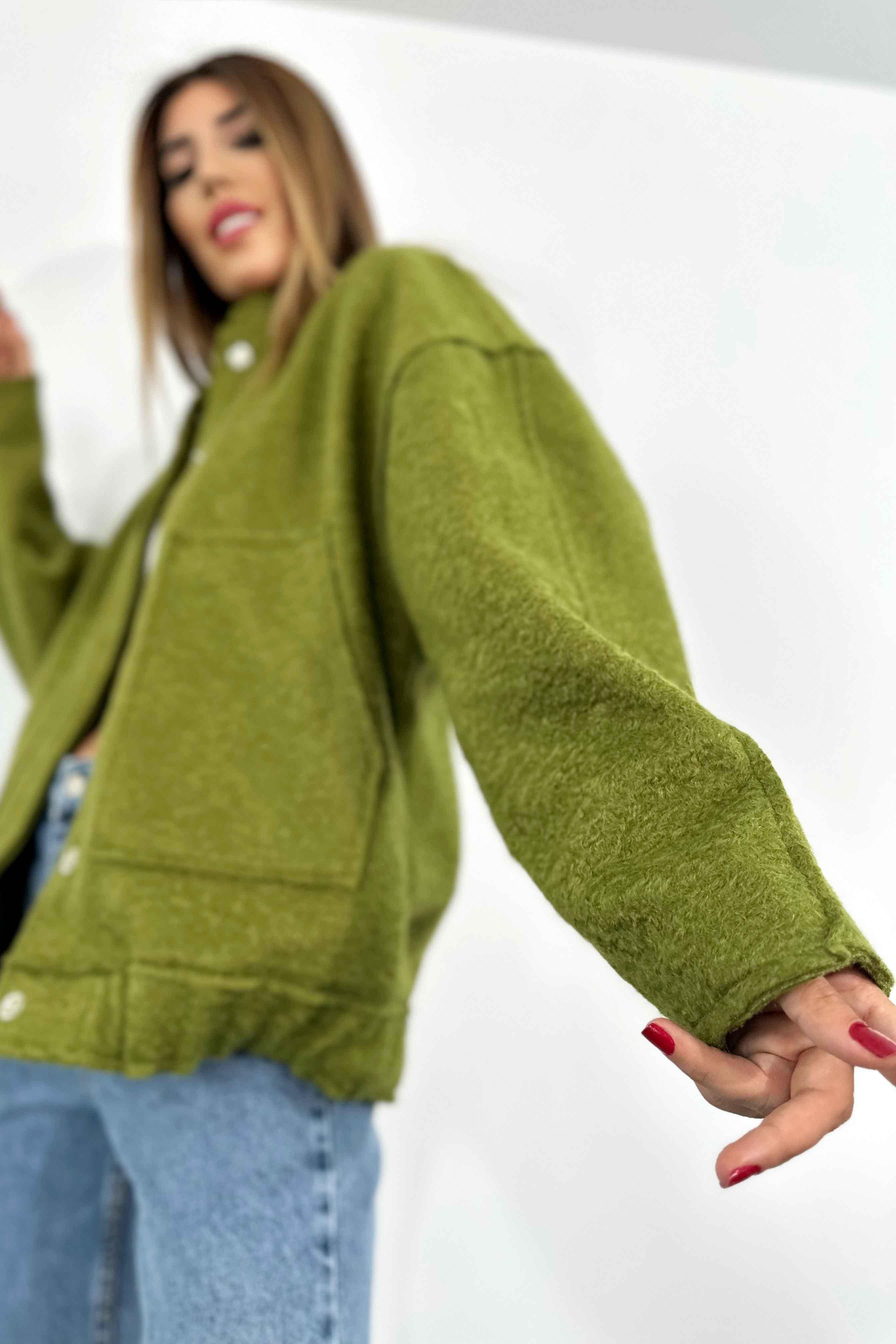 Buklet Kaşe Kumaş Oversize Bomber Caket Yeşil