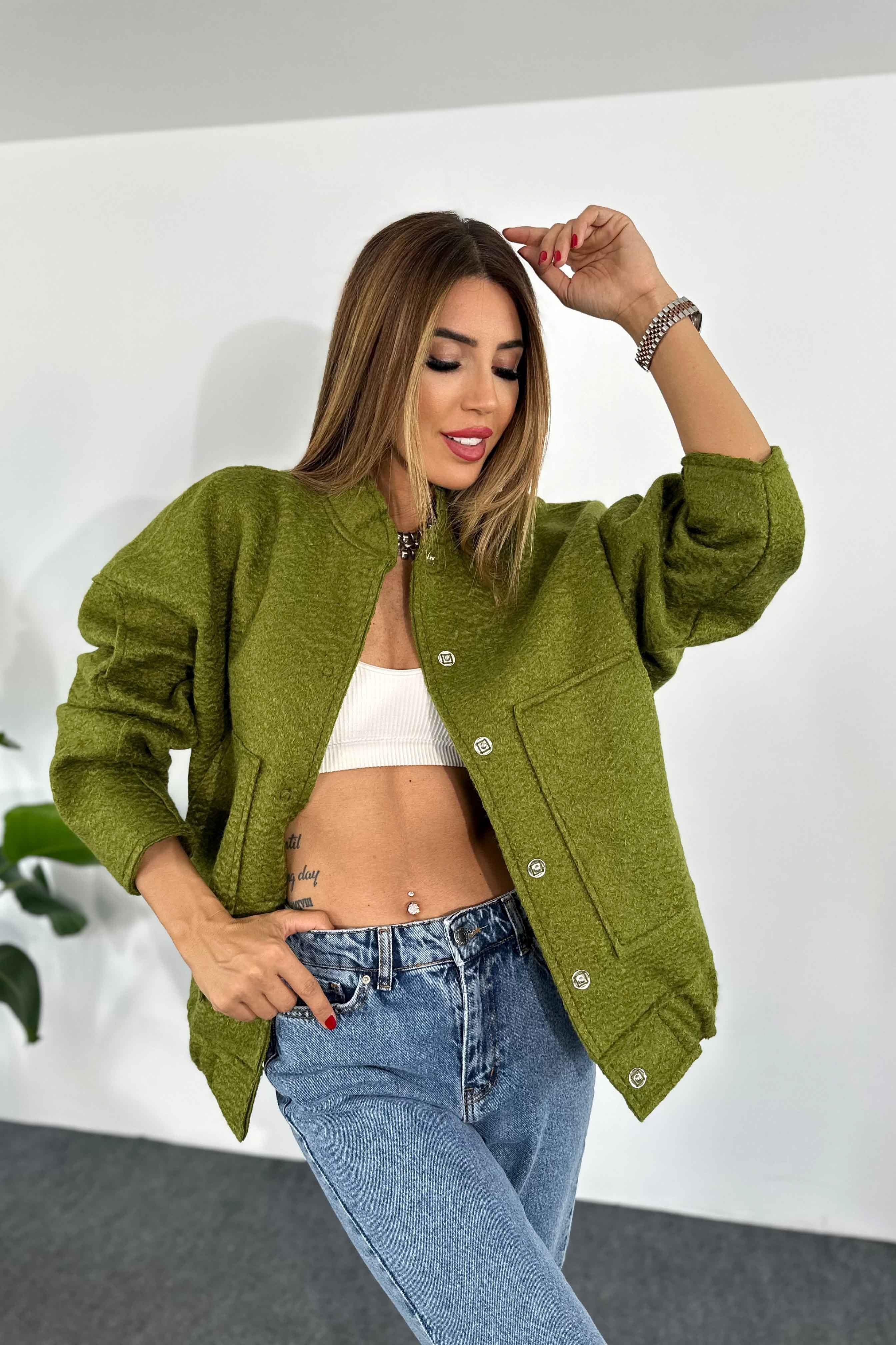 Buklet Kaşe Kumaş Oversize Bomber Caket Yeşil
