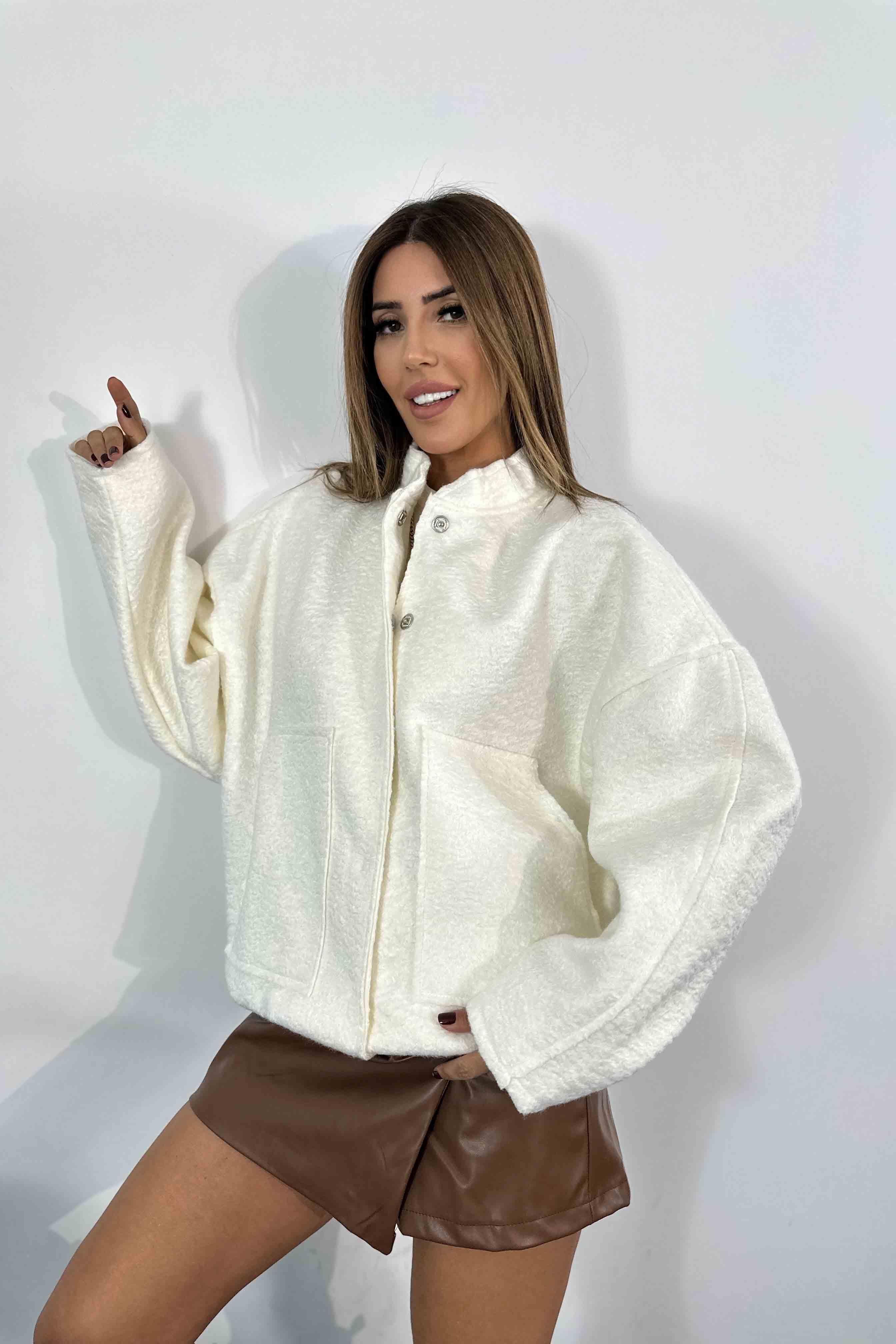 Buklet Kaşe Kumaş Oversize Bomber Ceket Beyaz