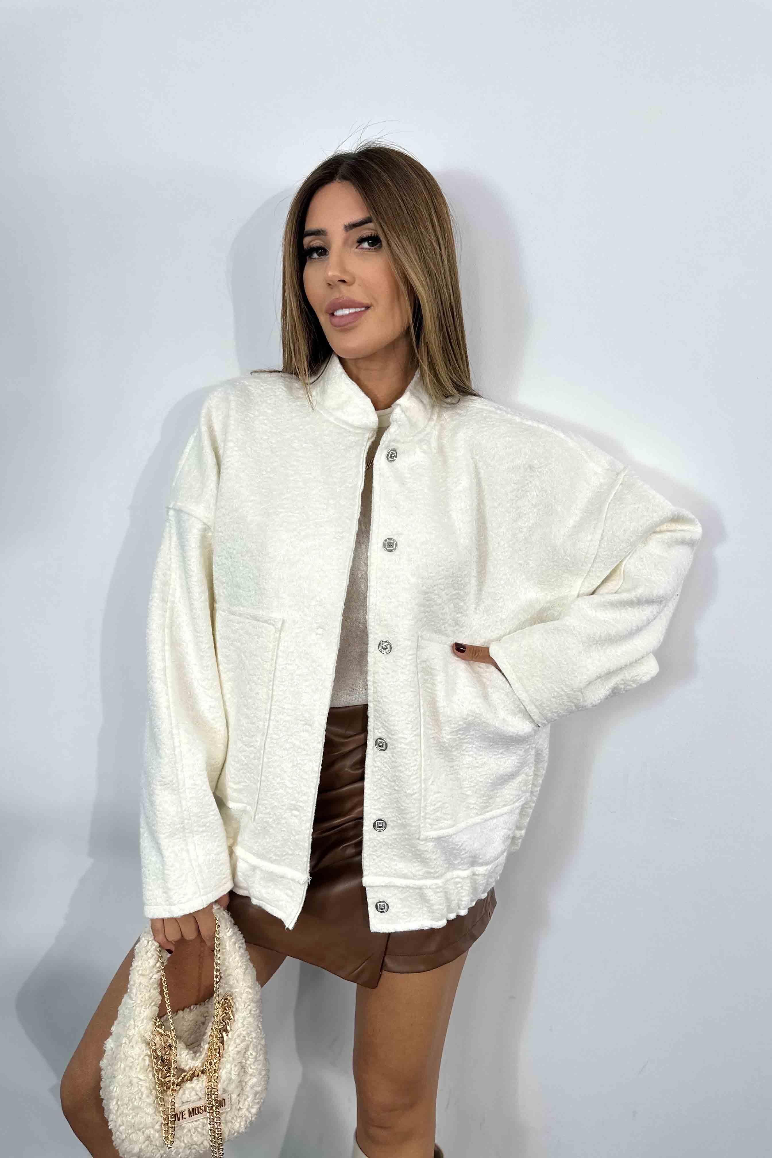 Buklet Kaşe Kumaş Oversize Bomber Ceket Beyaz