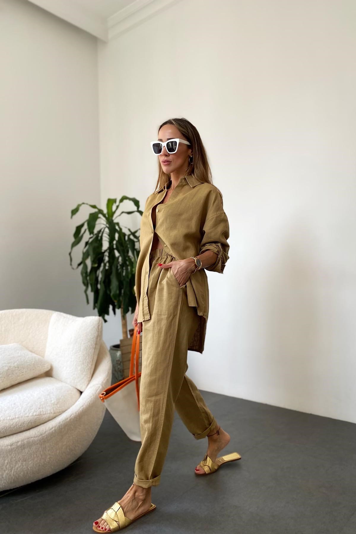 Camel Beli Lastik Detaylı Yumuşatılmış Yıkamalı Keten Salaş Relly Takım
