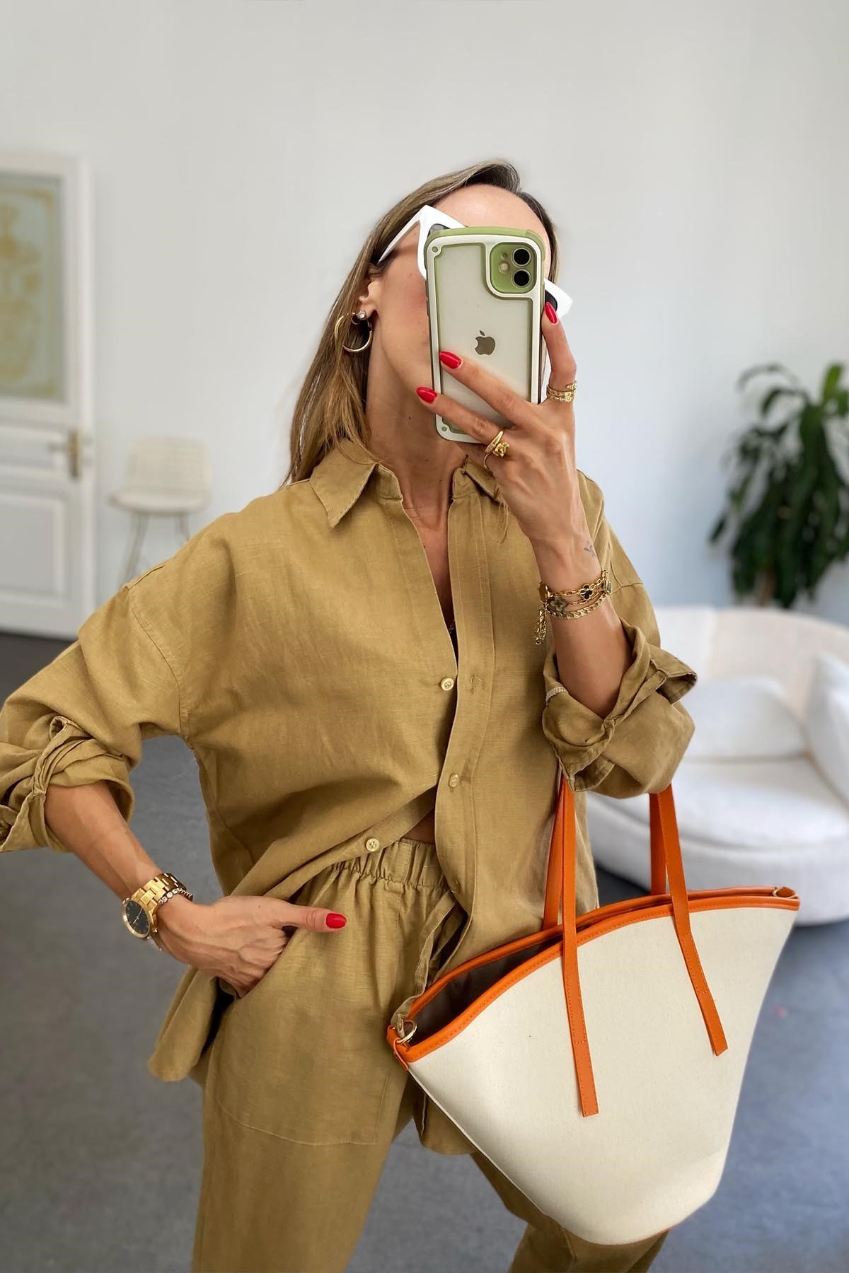 Camel Beli Lastik Detaylı Yumuşatılmış Yıkamalı Keten Salaş Relly Takım