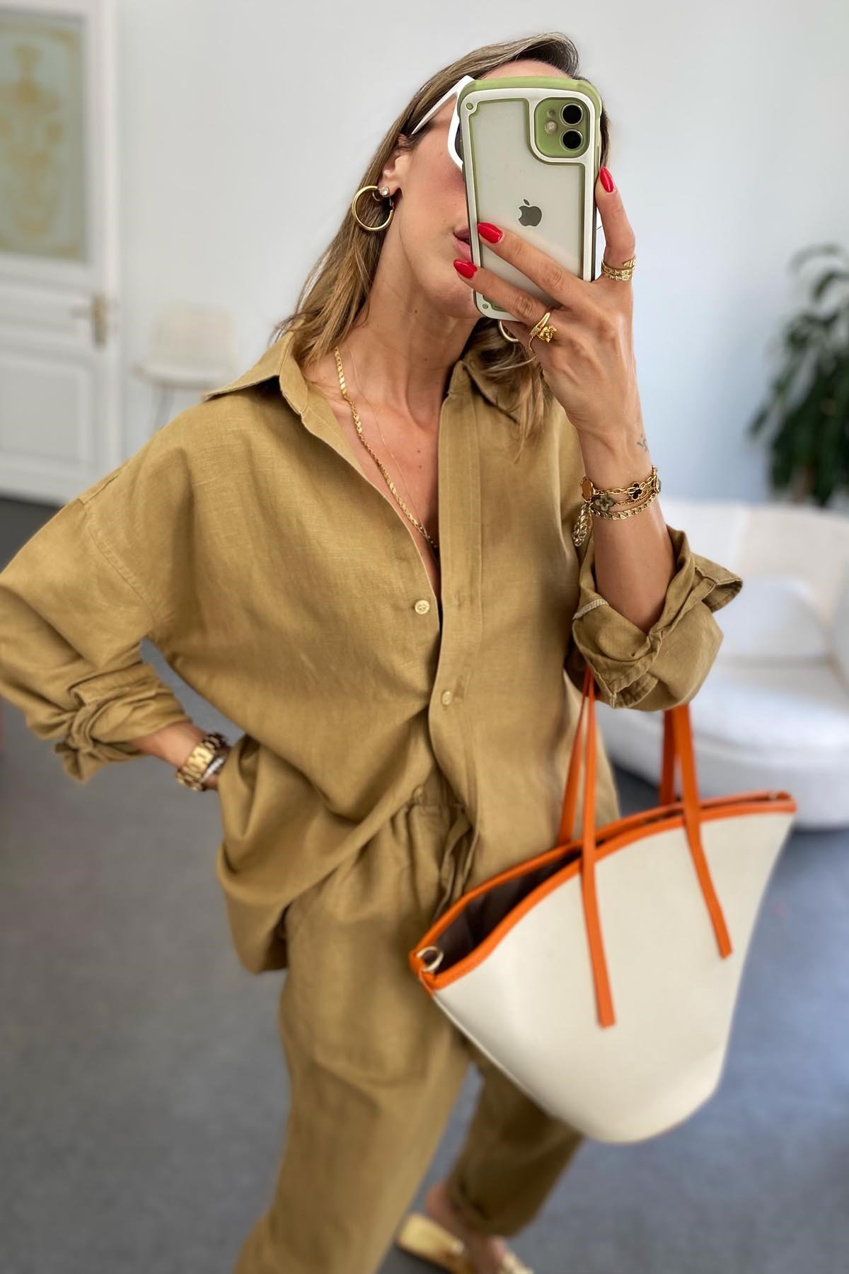 Camel Beli Lastik Detaylı Yumuşatılmış Yıkamalı Keten Salaş Relly Takım