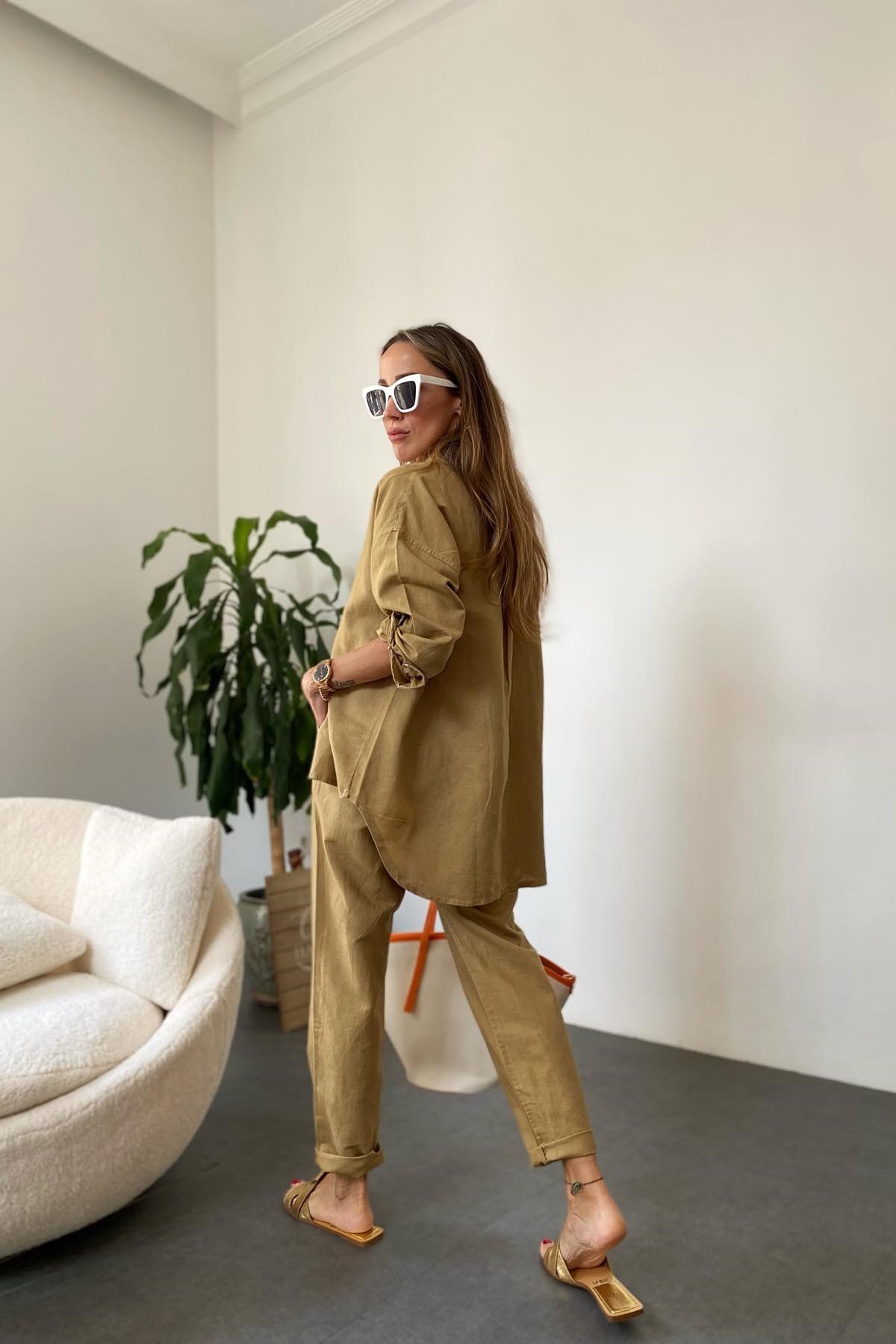 Camel Beli Lastik Detaylı Yumuşatılmış Yıkamalı Keten Salaş Relly Takım