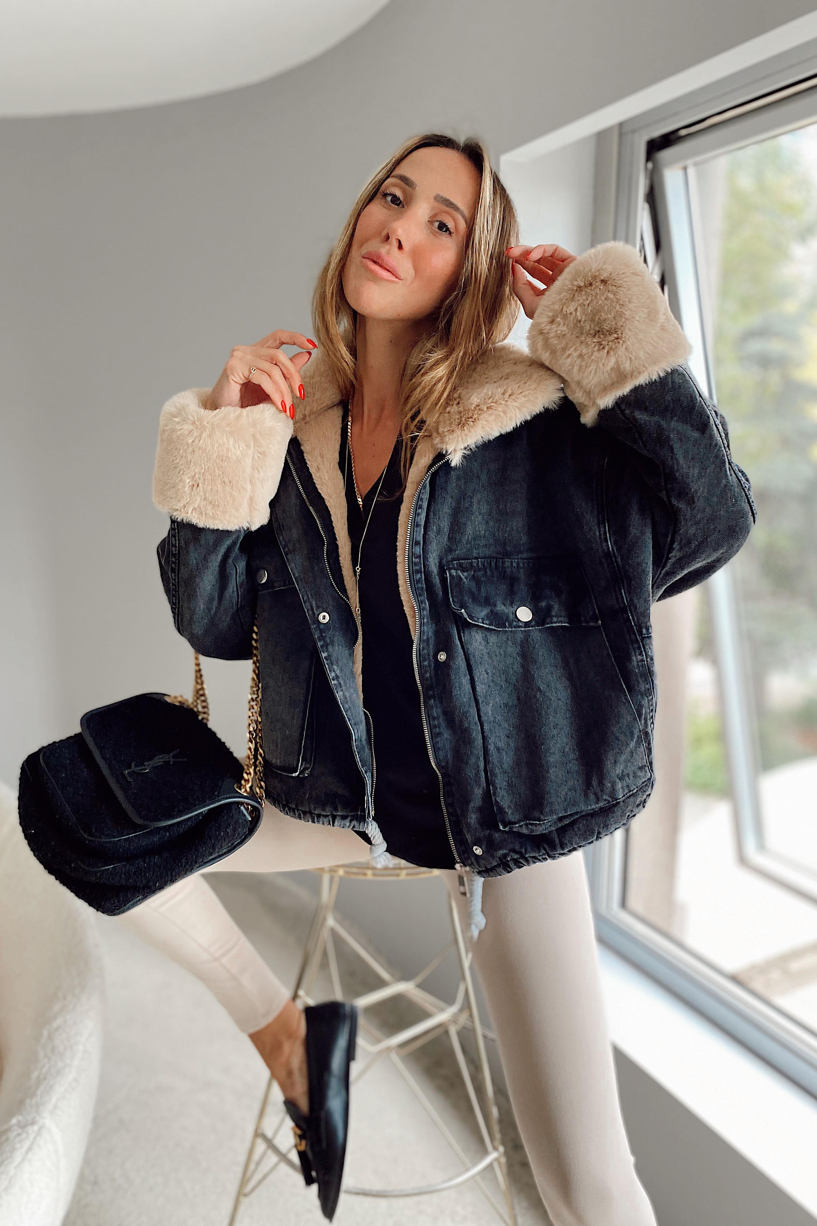 Camel Kürklü Denim Kadın Ceket Antrasit