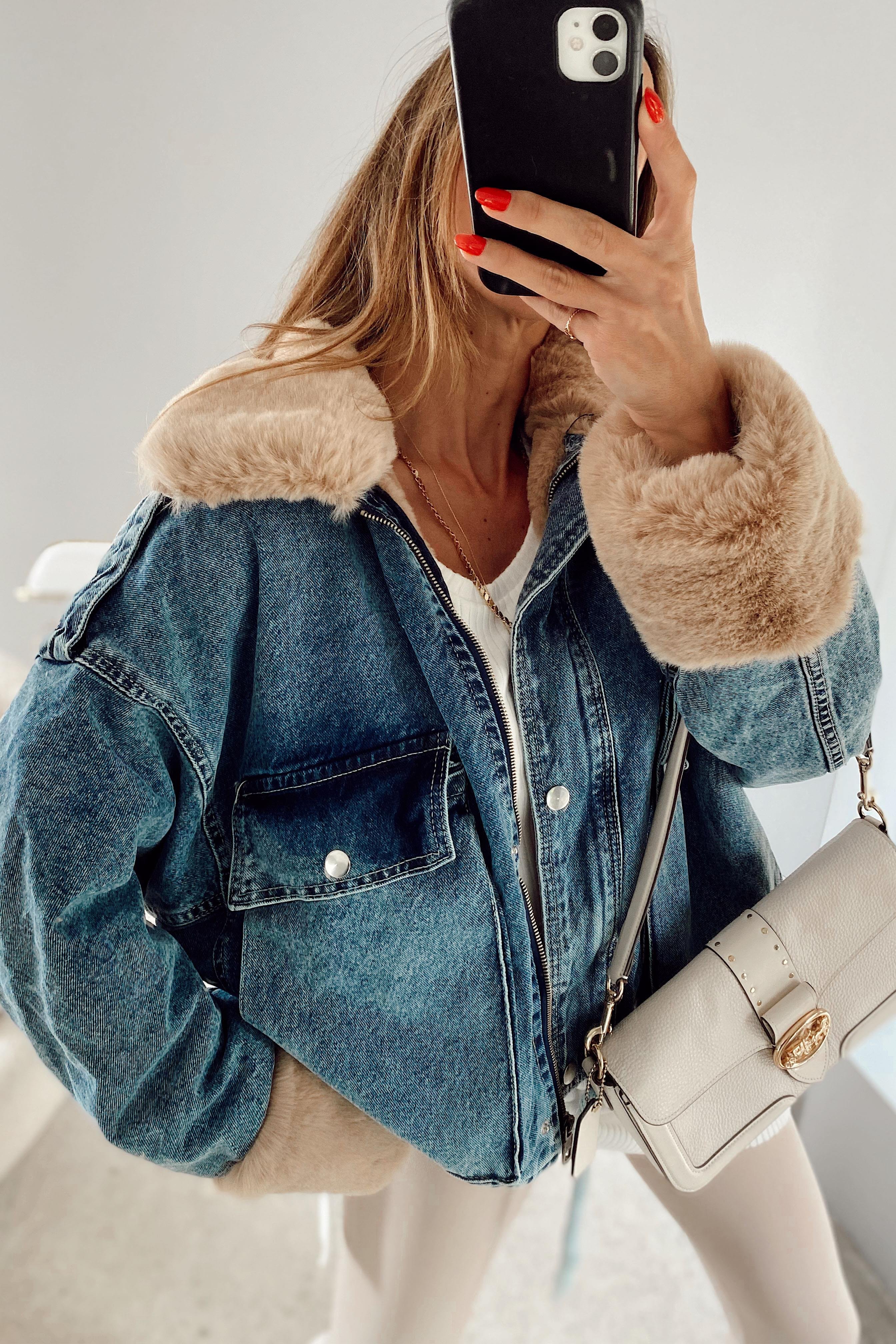 Camel Kürklü Denim Kadın Ceket Mavi