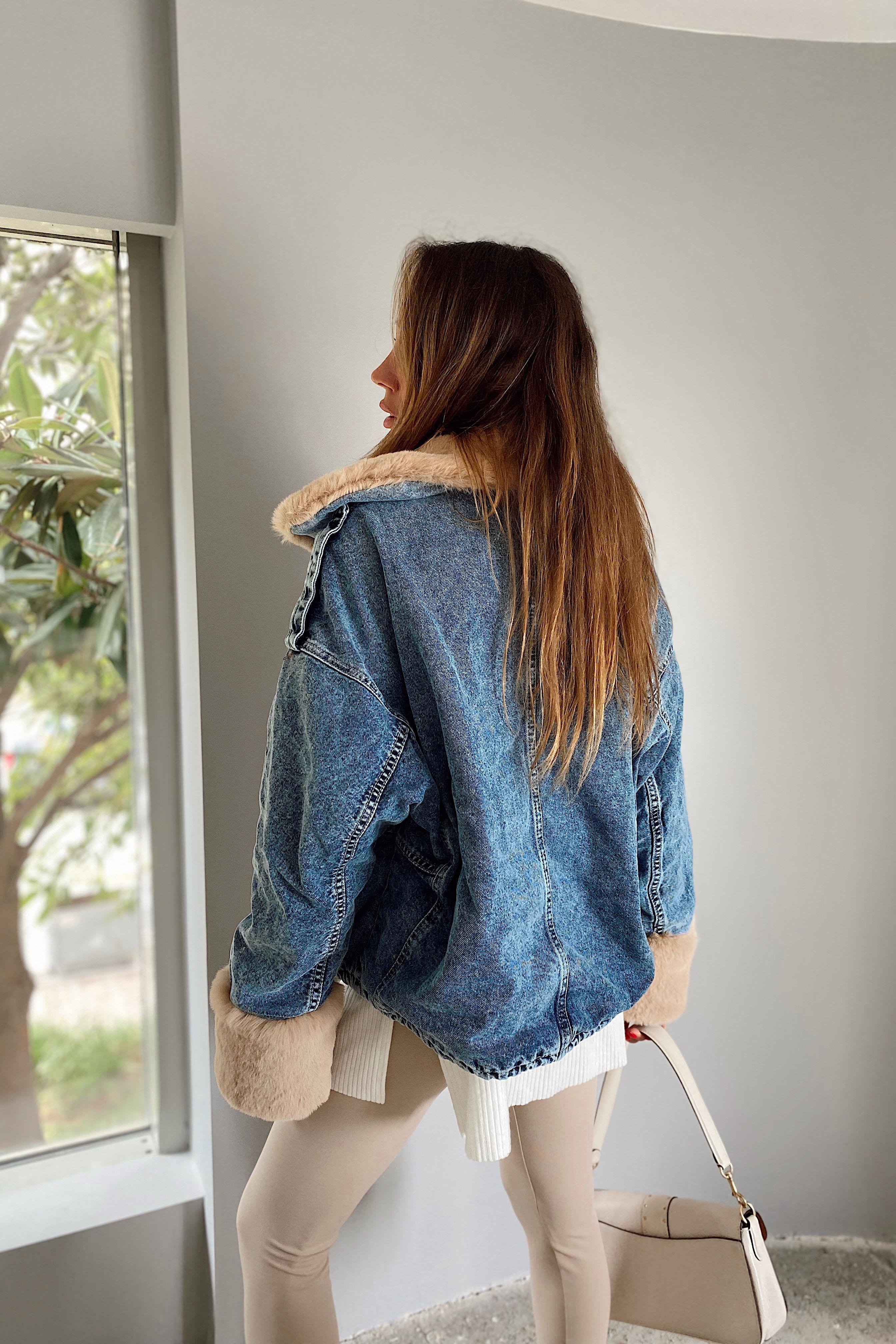 Camel Kürklü Denim Kadın Ceket Mavi