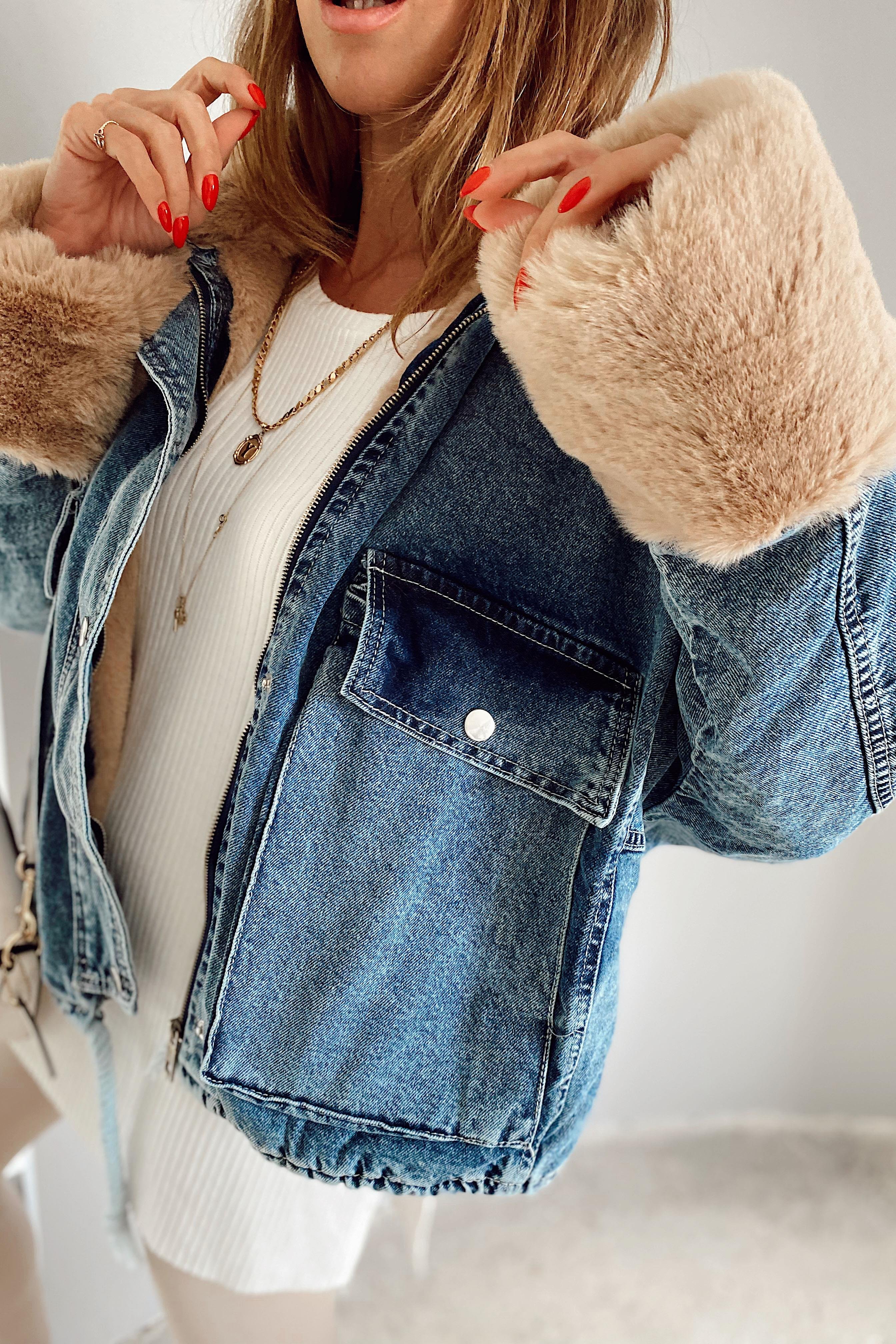 Camel Kürklü Denim Kadın Ceket Mavi
