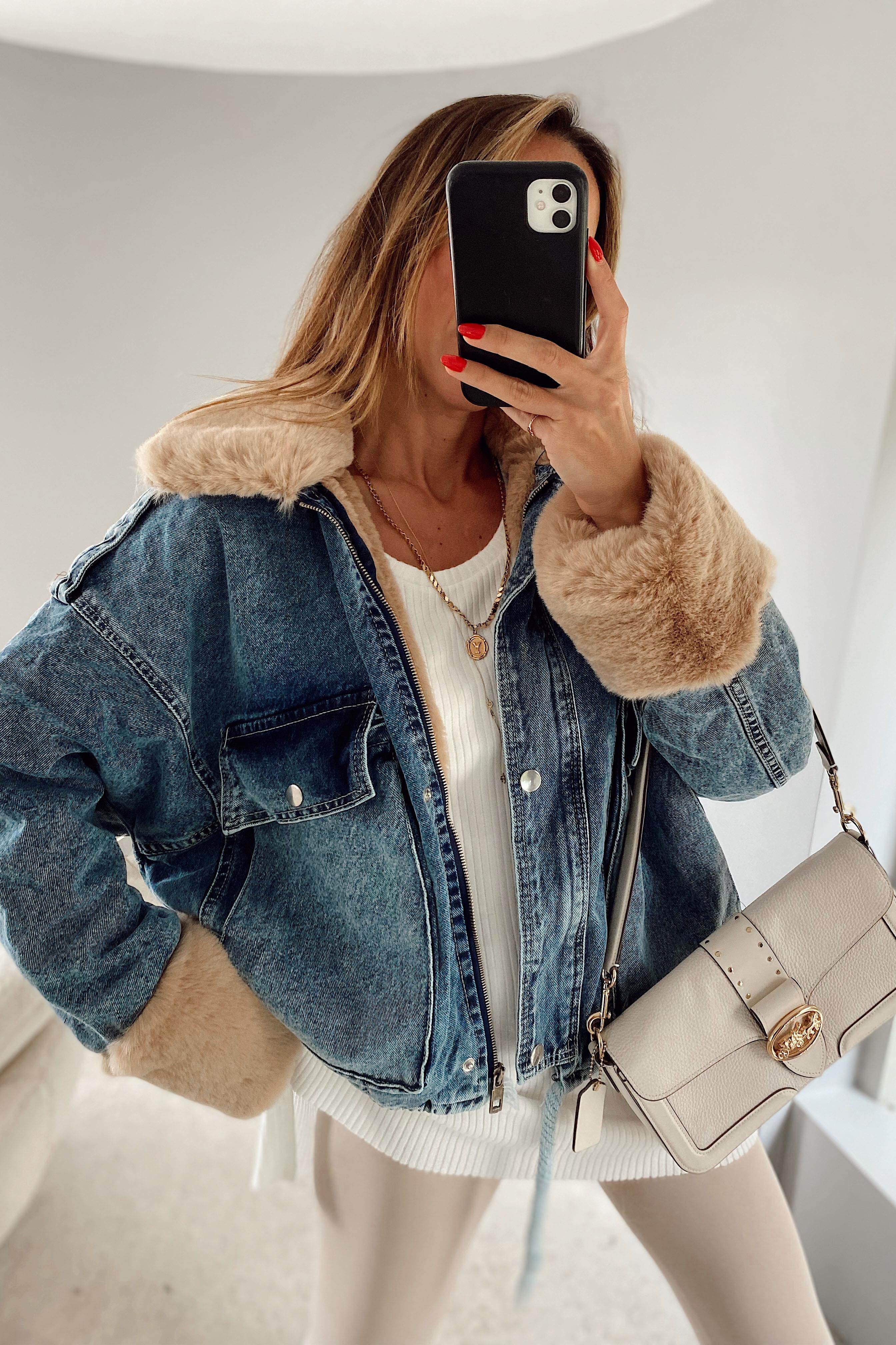 Camel Kürklü Denim Kadın Ceket Mavi